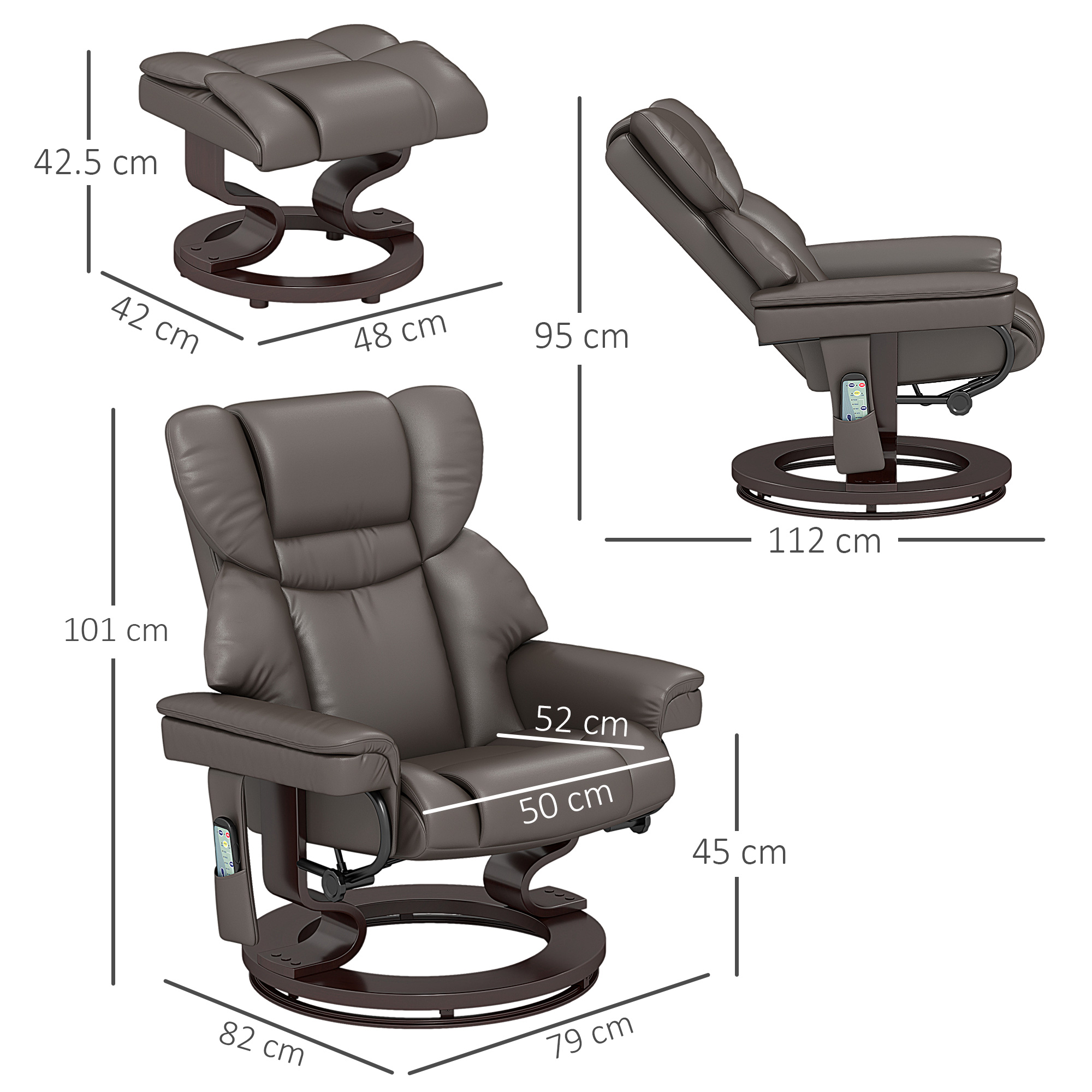 HOMCOM Massage Recliner Chair with Footstool, Upholstered Reclining Armchair with Adjustable Backrest, Steel Frame and Wood Base, Swivel Chair for Living Room, Bedroom, Brown 3