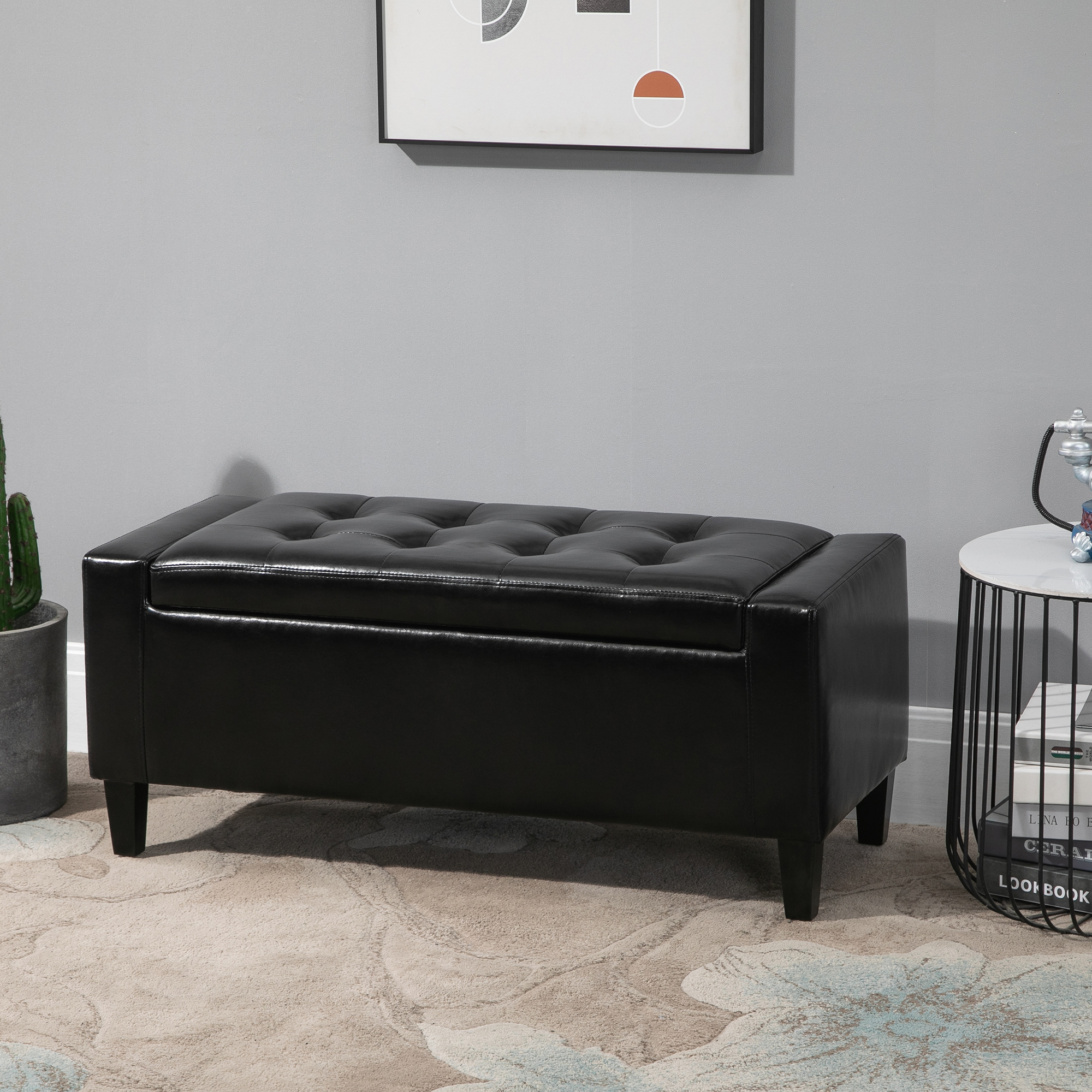 HOMCOM PU Leather Storage Ottoman Bench Storage Chest Tufted Ottoman Cube w/ Flipping Top 92L x 40W x 40H cm Black 2