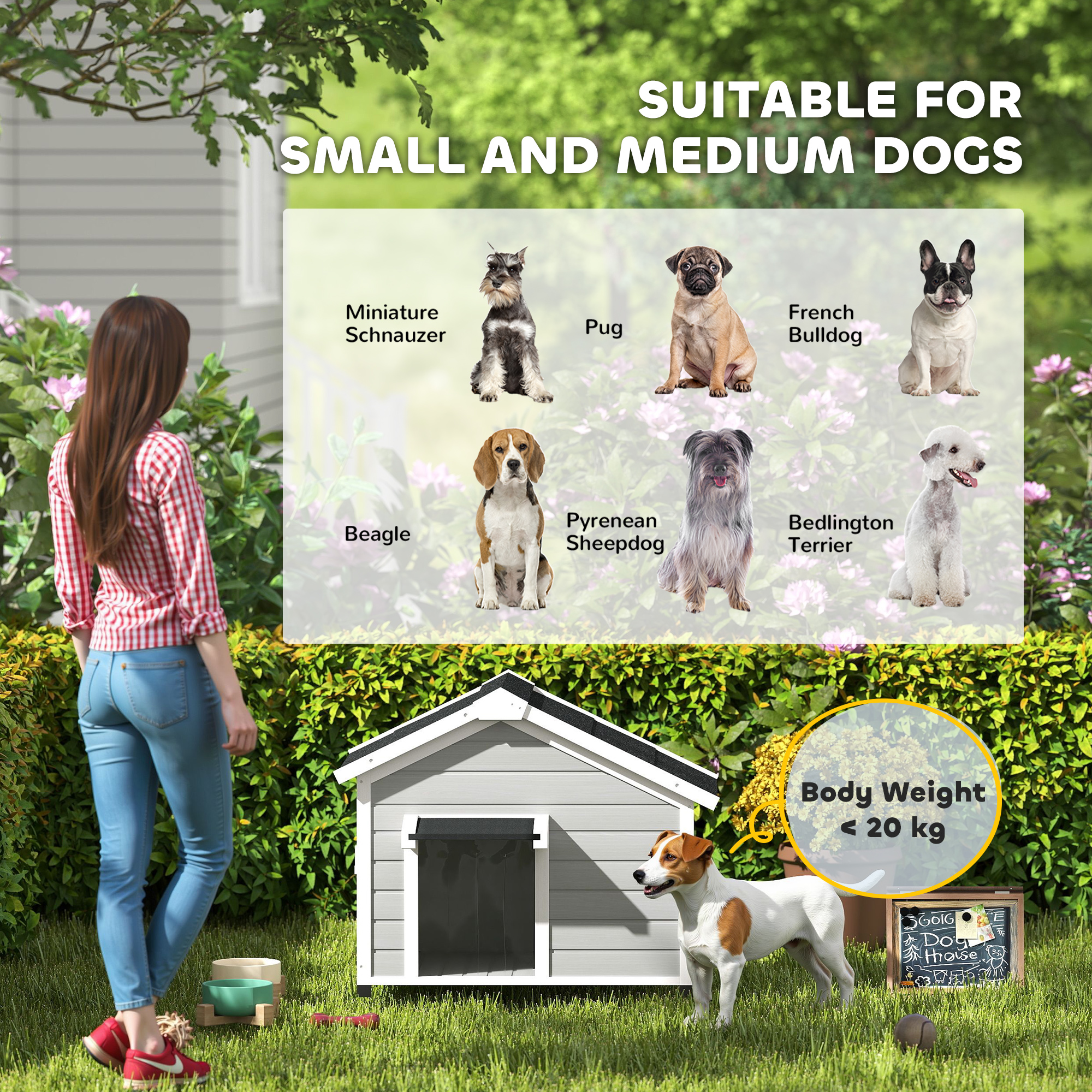 PawHut Wooden Dog House Outdoor with Openable Roof, Removable Floor, Curtain, Elevated Feet, for Medium Dogs, Light Grey 8