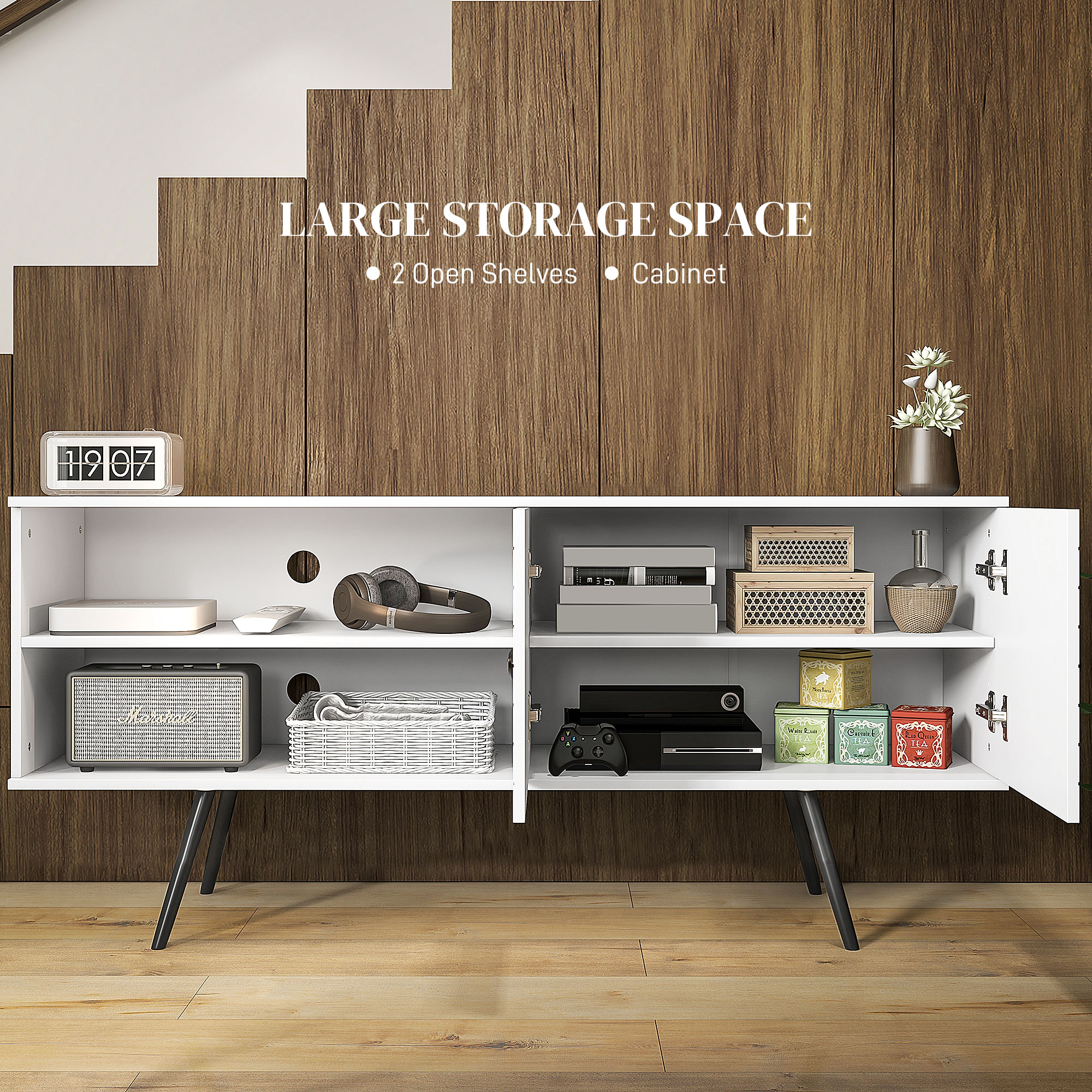 HOMCOM TV Stand with Cupboard, Open Shelves, Striped Doors, Wooden legs, White 4
