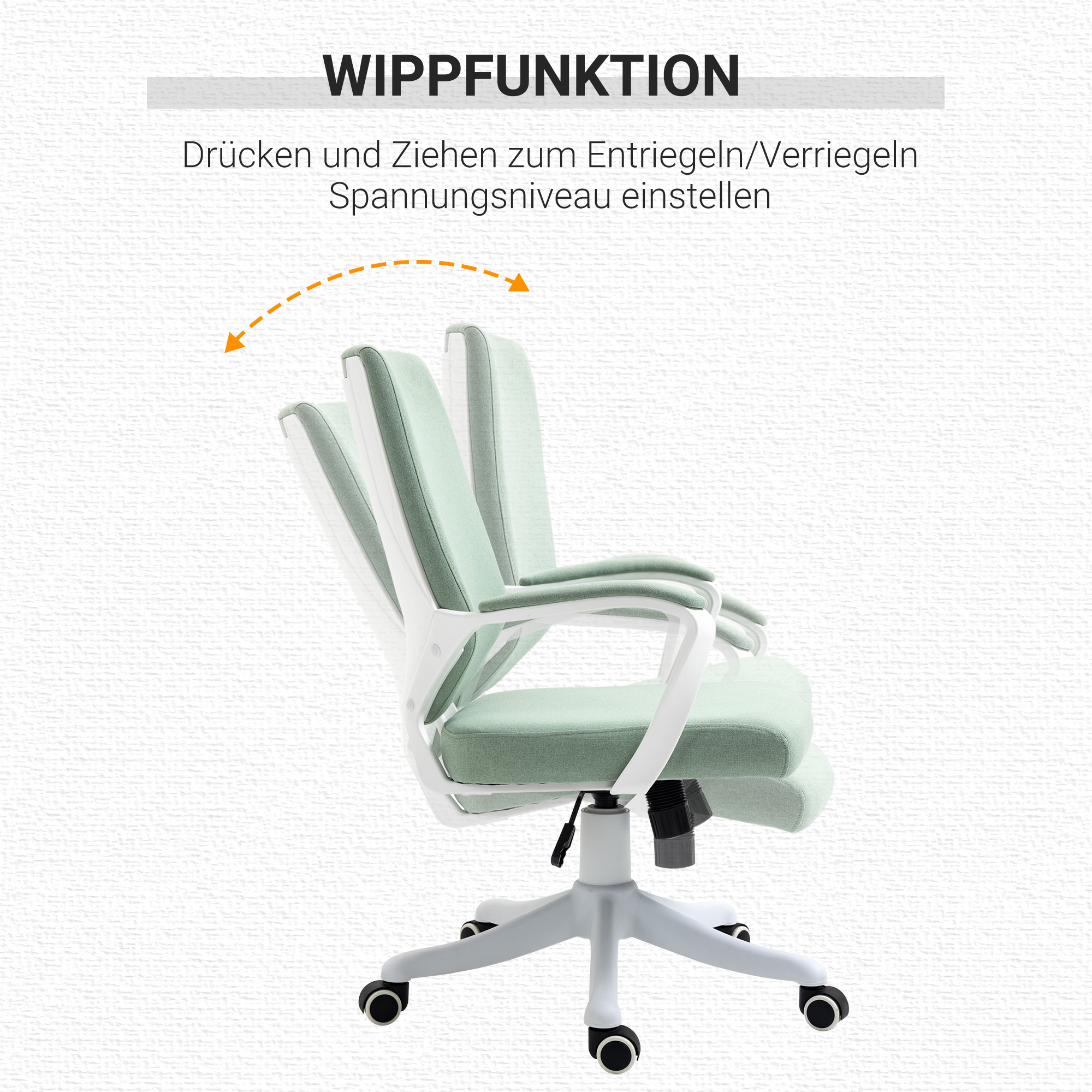 Kontoritool, lauatool, kodukontori tool kiikfunktsiooniga, kõrgusega reguleeritav seljatugi, paksult polsterdatud, ergonoomiline, 360° pöörlevad rattad, polüester, nailon, PP, roheline+valge, 62x69x92-100