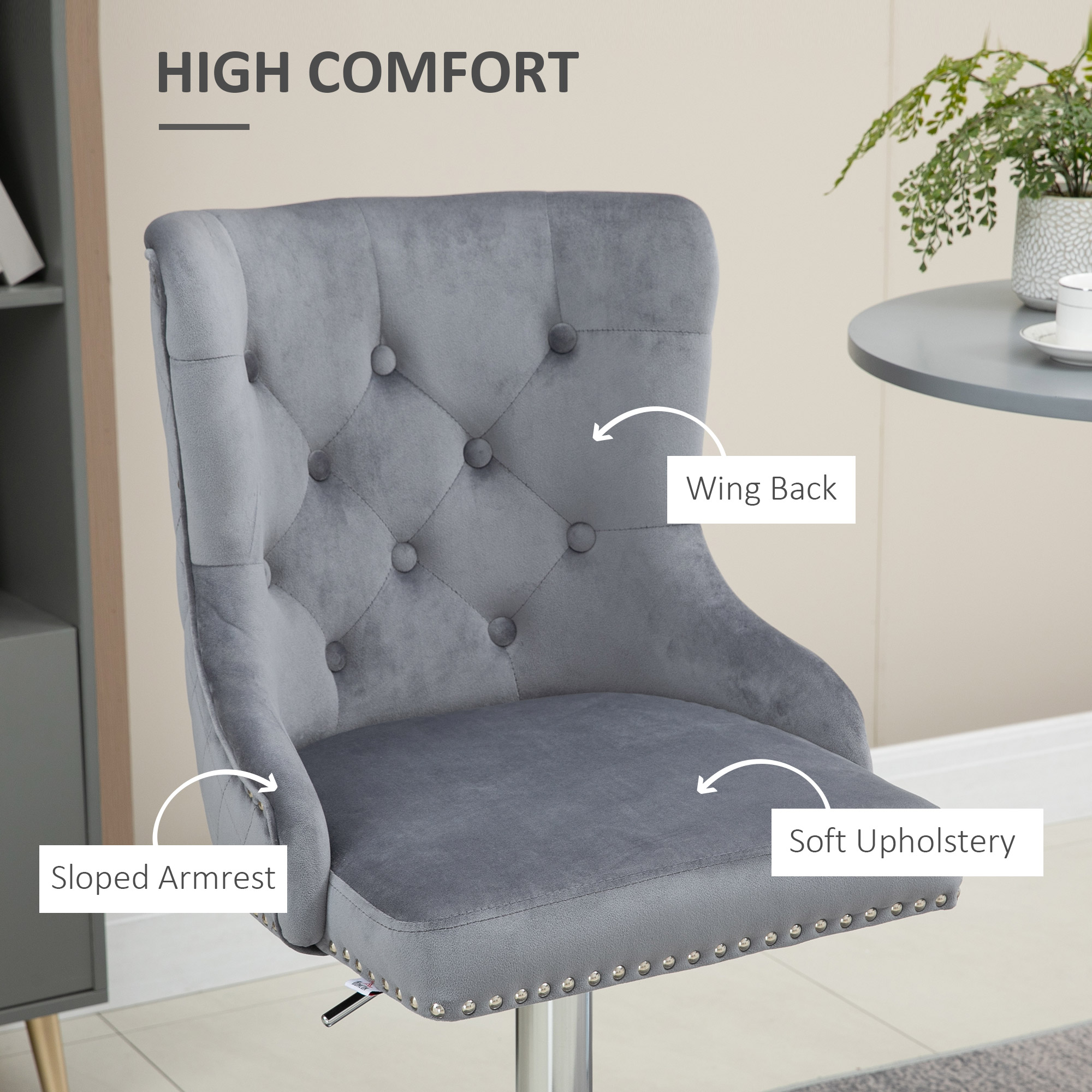 HOMCOM Bar Stools Set of 2, Modern Swivel & Adjustable Velvet Barstools with Button Tufted Back, Footrest, Nailhead Trim for Home Bar, Grey 6