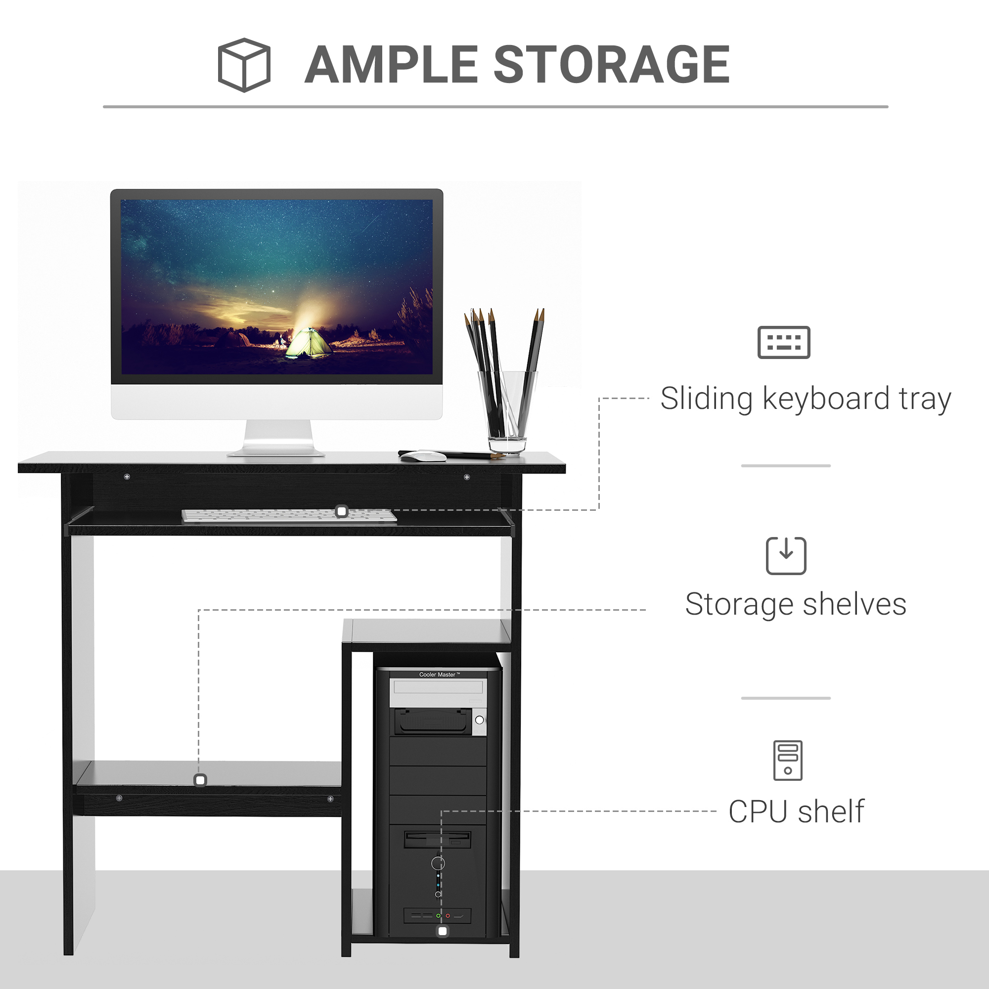 HOMCOM Compact Small Computer Table Wooden Desk Keyboard Tray Storage Shelf Modern Corner Table Home Office Black 4