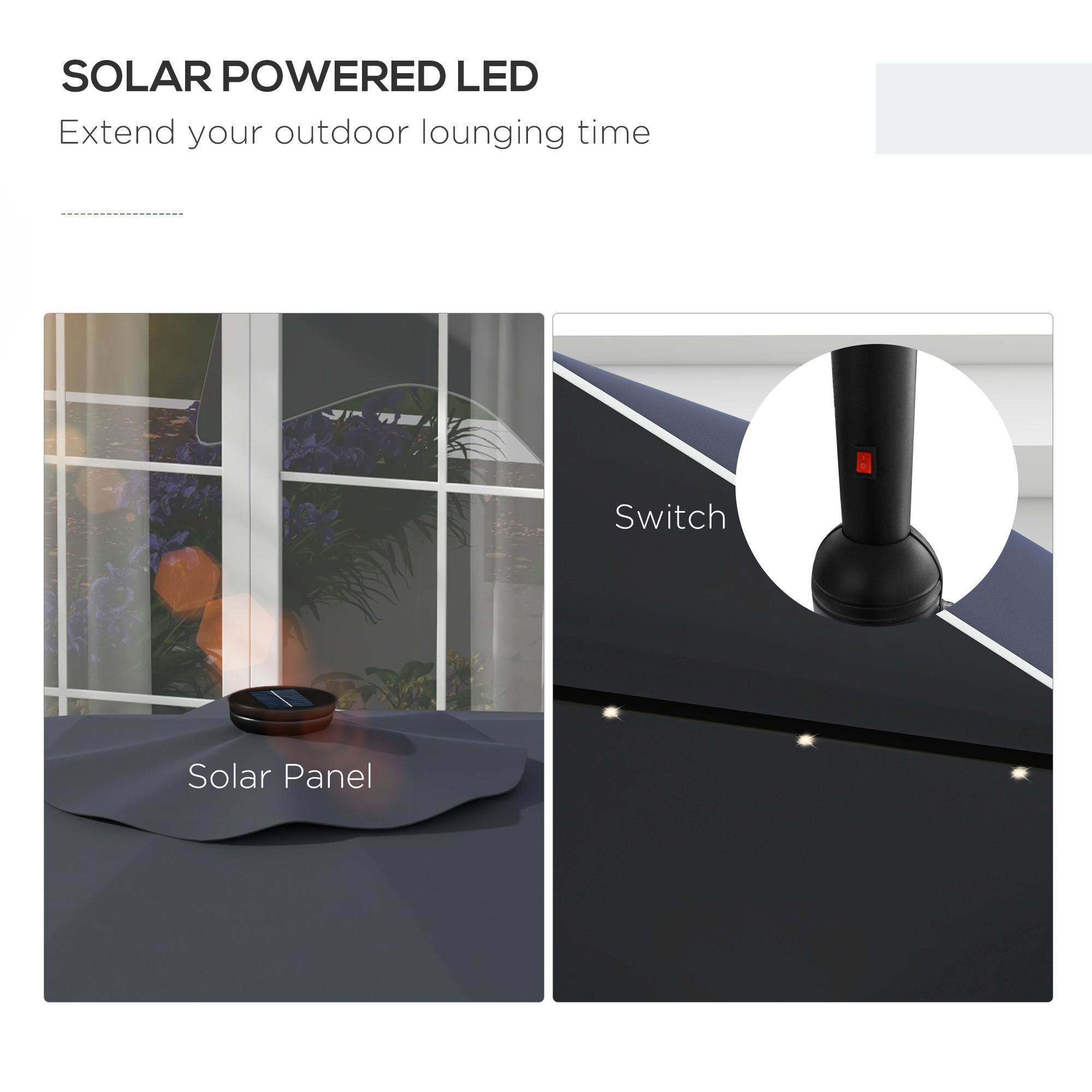 Outsunny Solar Patio Umbrella with LED and Tilt, Outdoor Market Table Umbrella Parasol with Crank, 3 x 3 (m), Dark Grey 4