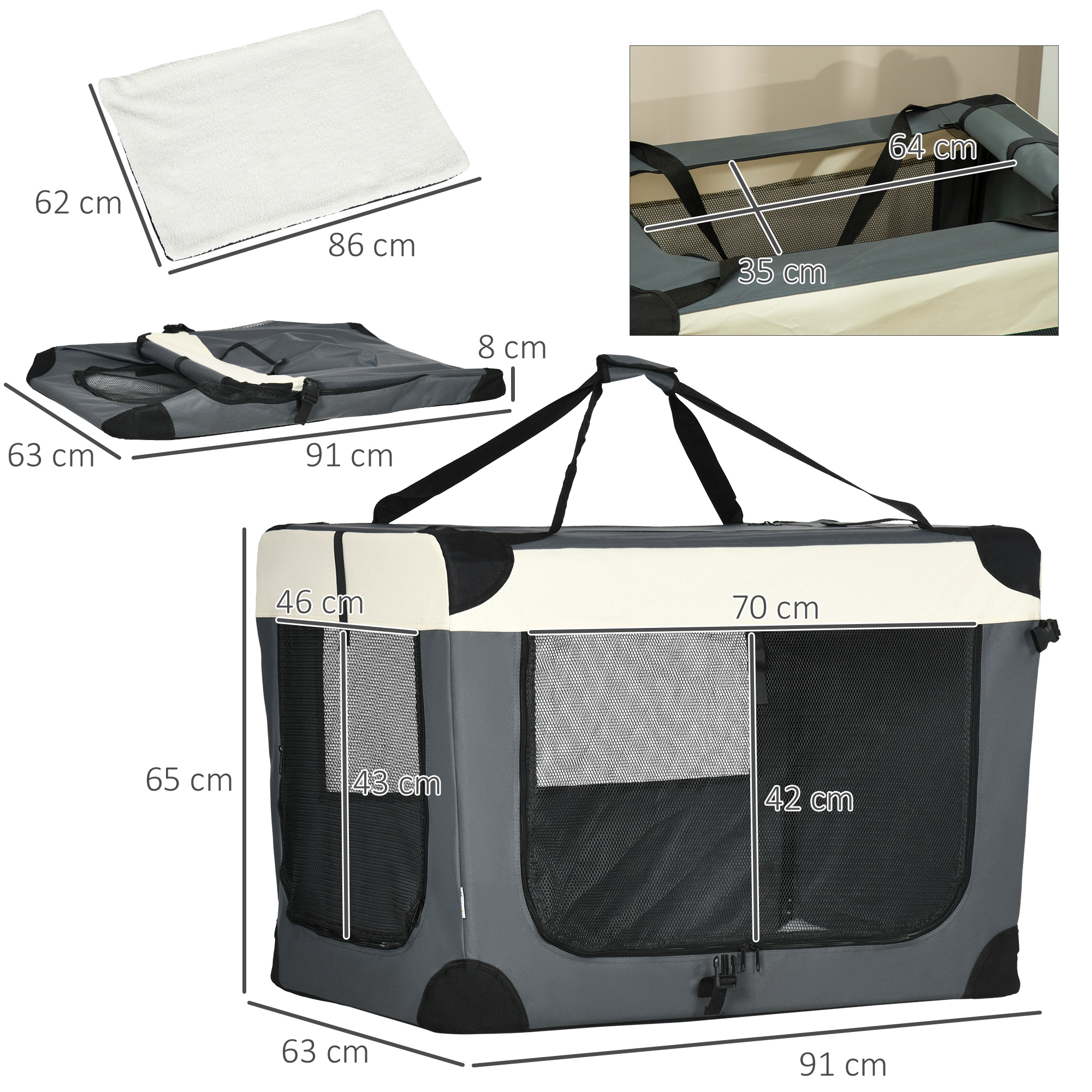 PawHut 91cm Foldable Pet Carrier, with Cushion, for Large Dogs and Cats Grey 3