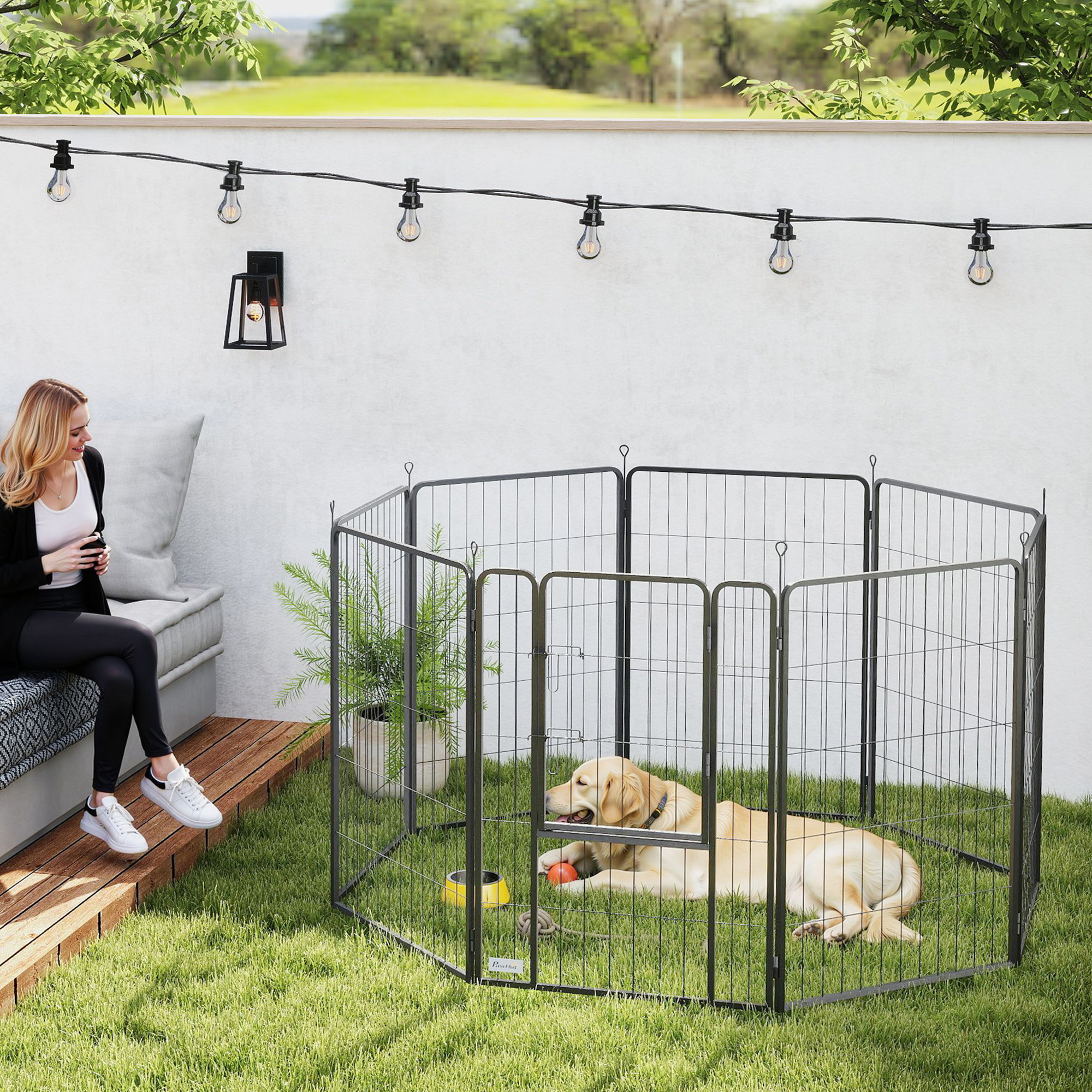 PawHut Eight-Panel Dog Playpen with Door, for Large Dogs, Indoors, Outdoors, 80cm Tall, Black