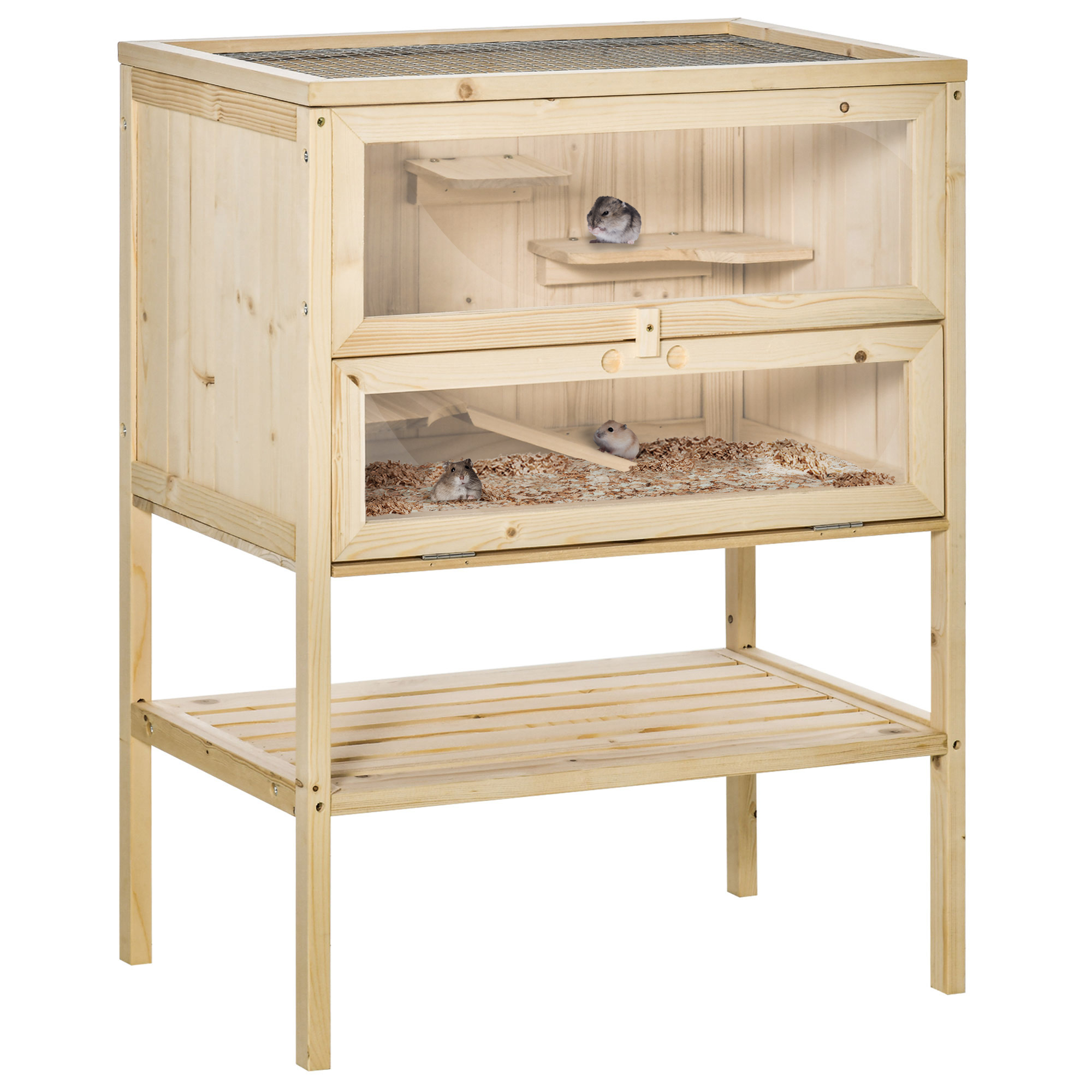 PawHut Wooden Hamster Cage Mouse Mice Rodent Small Animals Hutch Exercise Play House 60 x 35 x 42cm, Grey