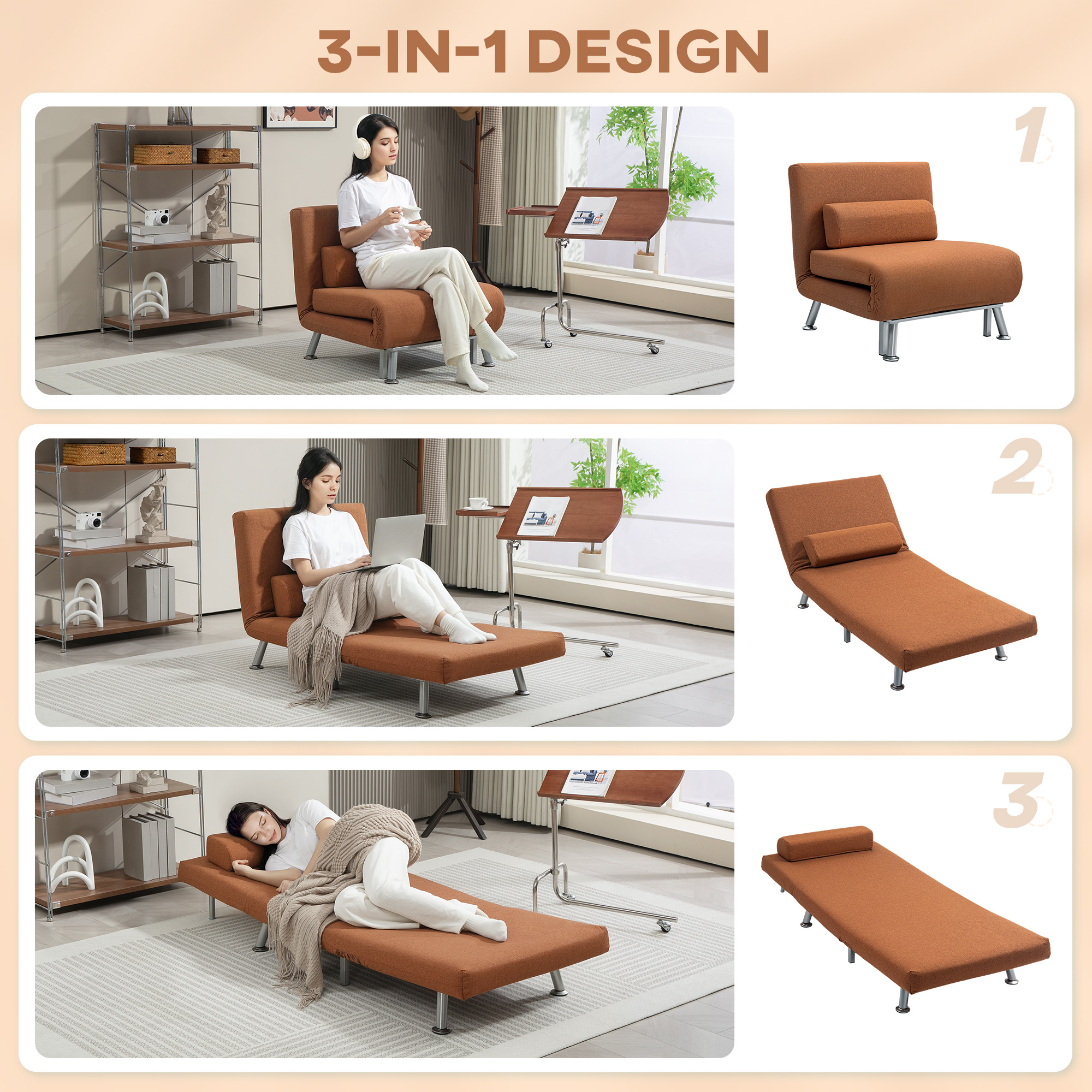 HOMCOM Single Linen-Feel Sleeper Chair Coffee 4