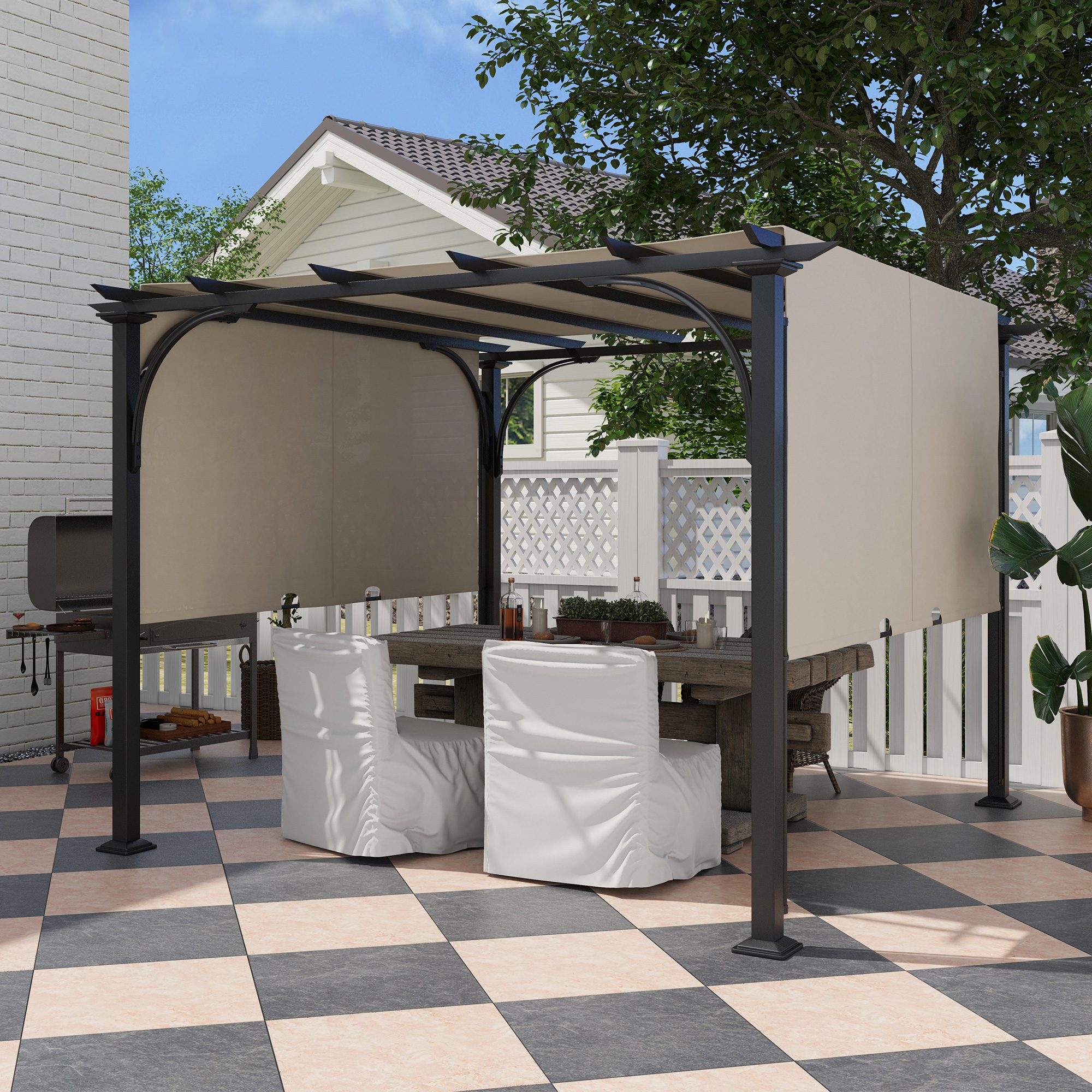 Outsunny 3 x 3(m) Outdoor Pergola, Garden Pergola Gazebo with Adjustable Canopy, Beige 2