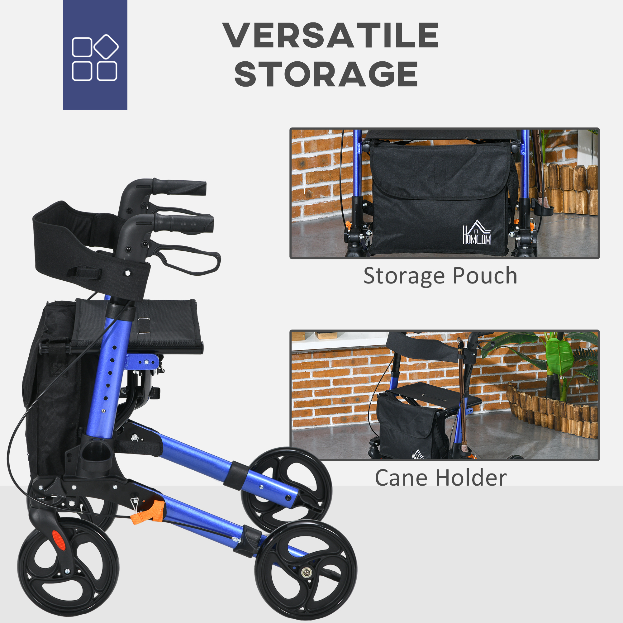 HOMCOM 4 Wheel Rollator with Seat and Back, Folding Mobility Walker with Carry Bag, Adjustable Height, Dual Brakes, Cane Holder, Lightweight Aluminium Walking Frame for Seniors and Disabled, Blue 5
