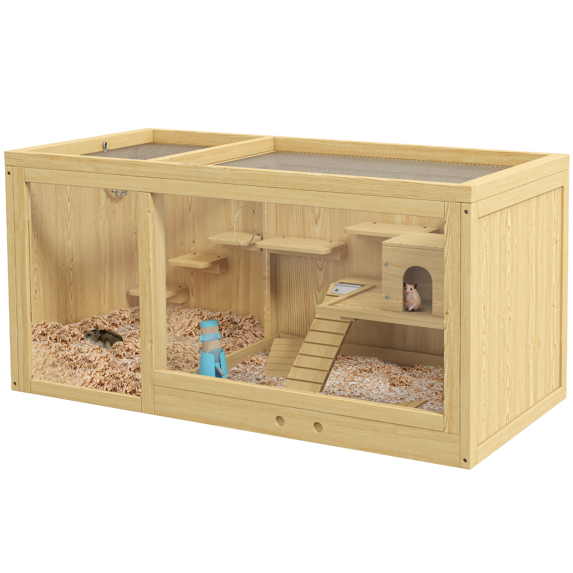 PawHut Wooden Hamster Cage, Small Animals Hutch with Tray, Openable Top, Exercise Play House Pen, 115L x 57W x 55Hcm, Grey