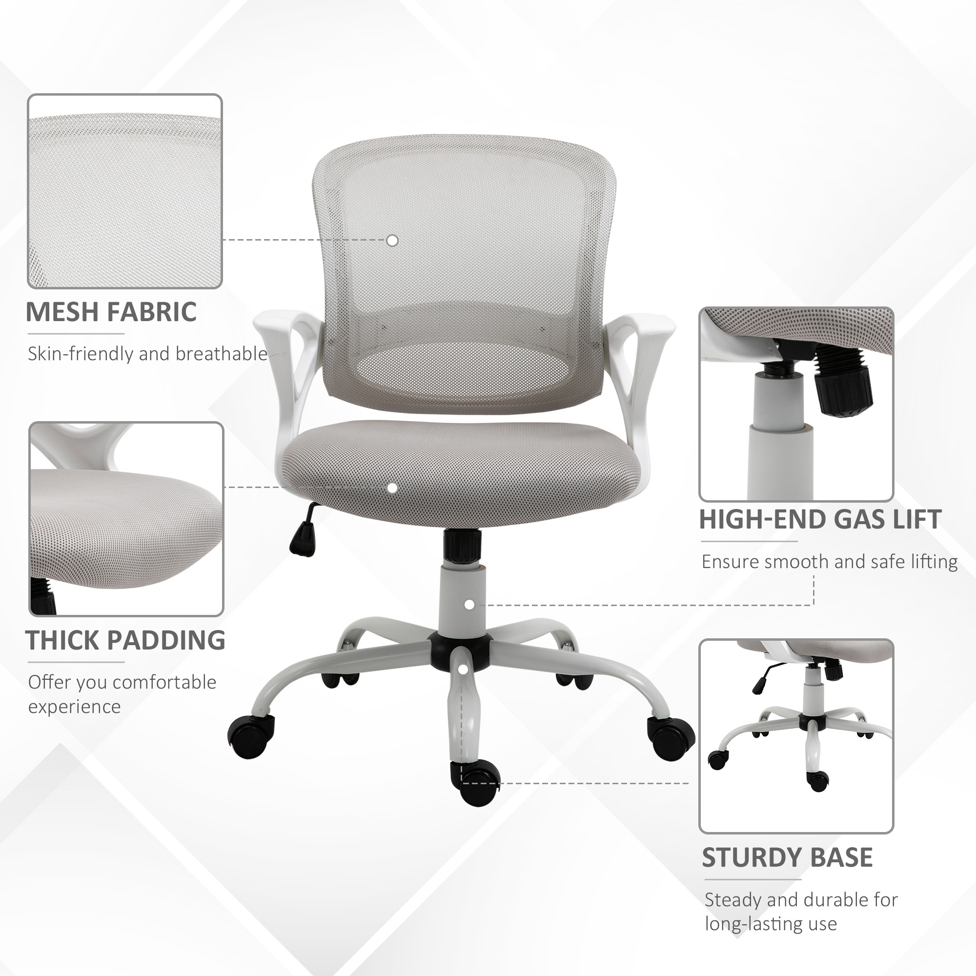 Vinsetto Office Chair Mesh Swivel Desk Chair with Lumbar Back Support Adjustable Height Armrests Grey 8