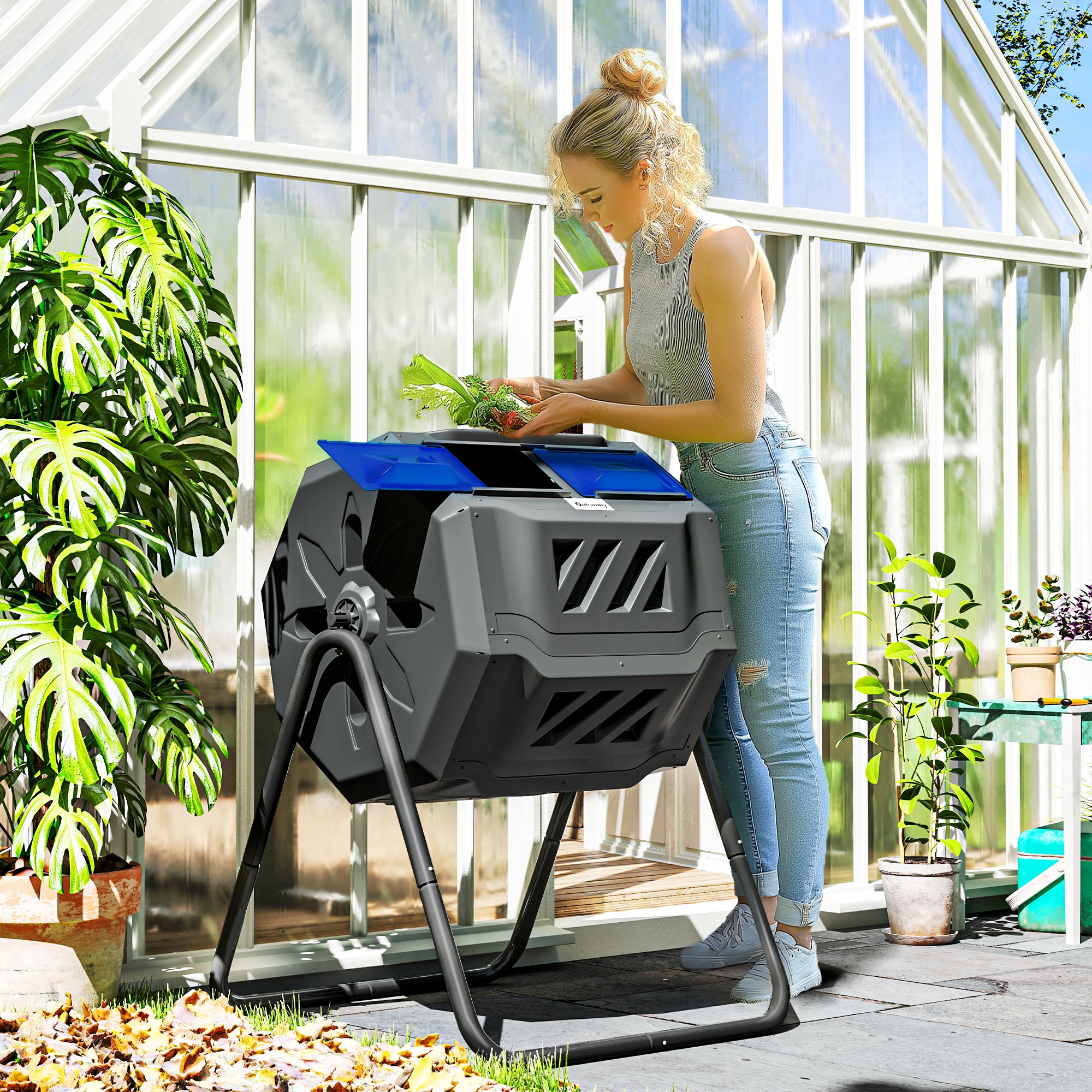 Outsunny 160L 360° Rotating Dual Chamber Composter Blue 2