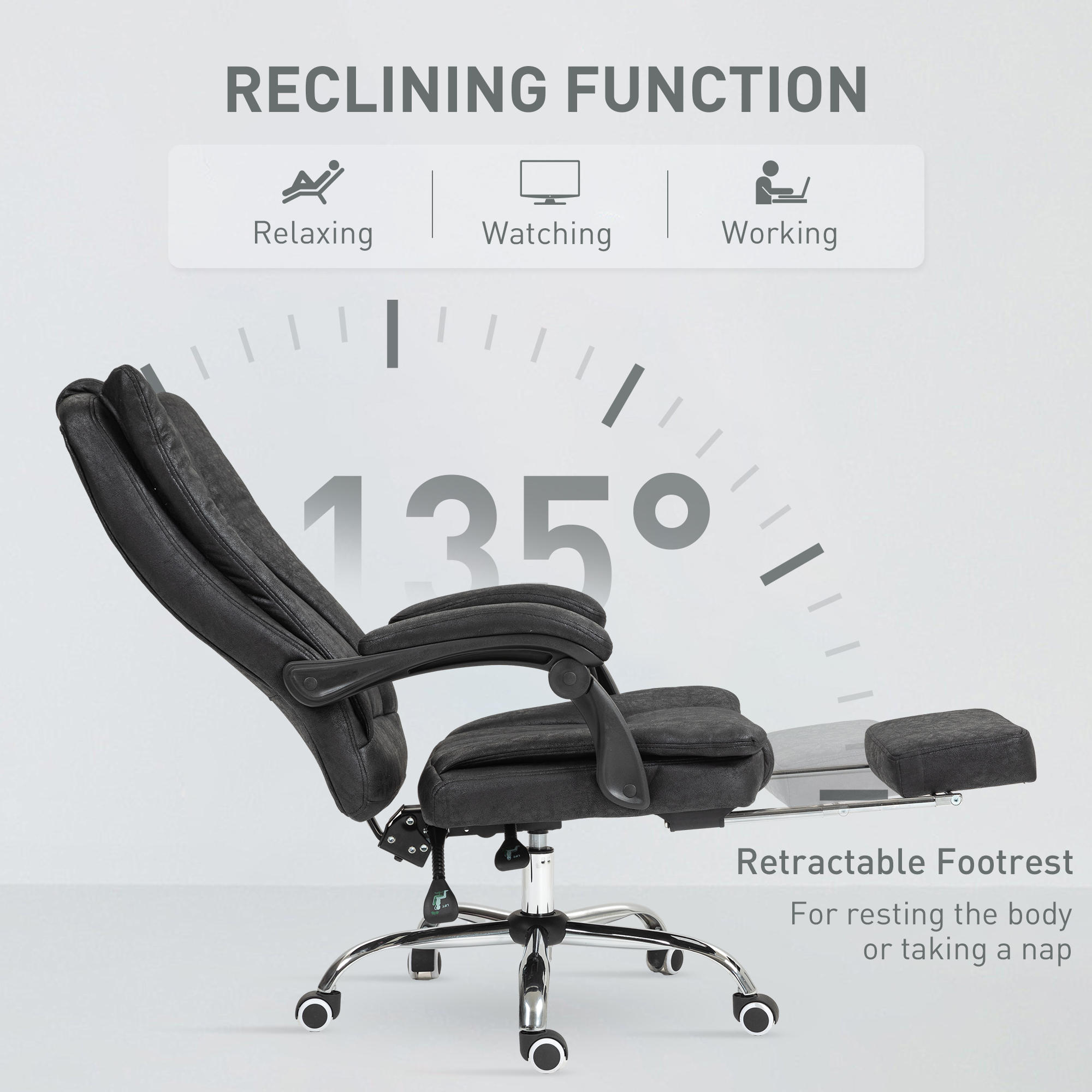 Vinsetto Home Office Chair Microfibre Desk Chair with Reclining Function Armrests Swivel Wheels Footrest Black 5