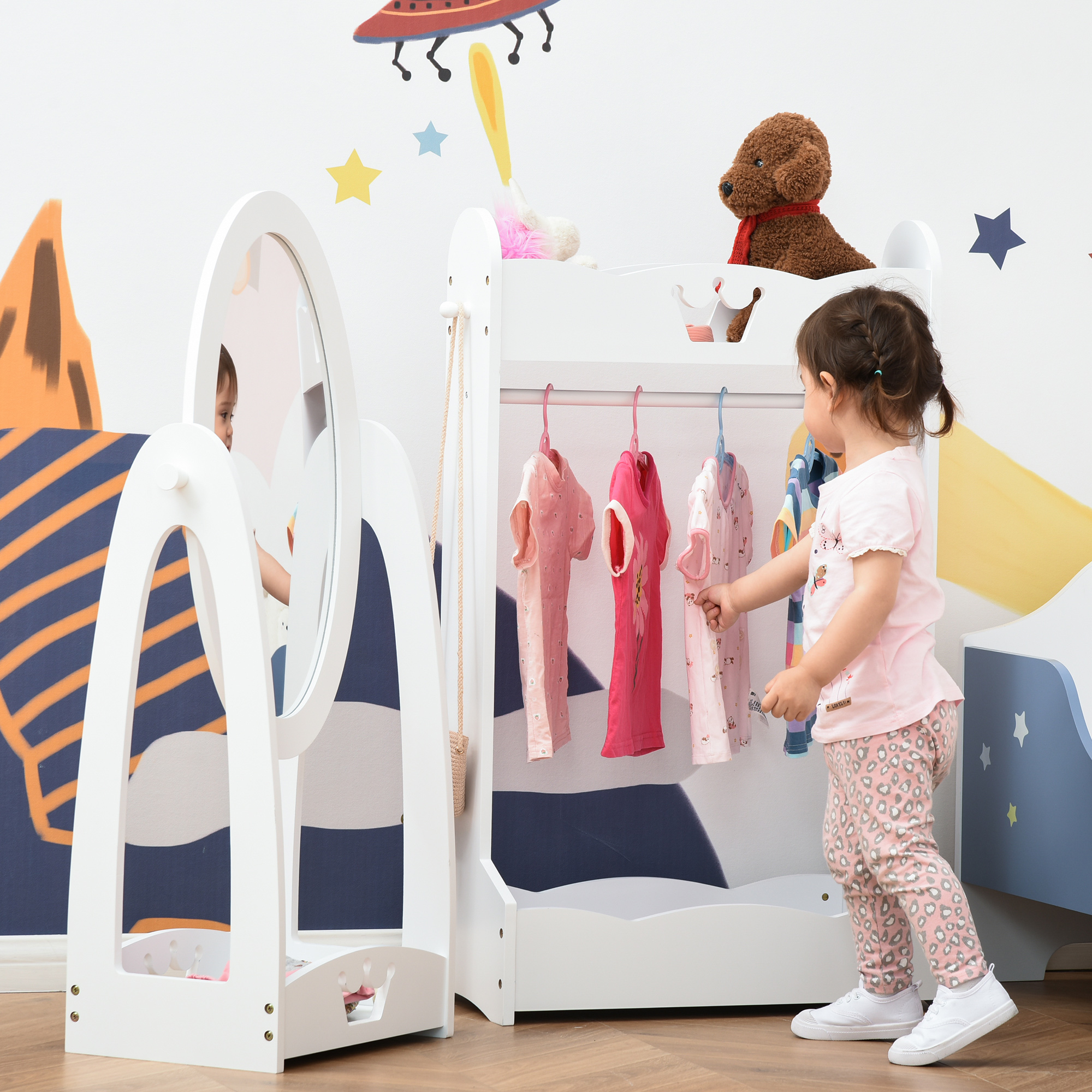 HOMCOM Kids Clothes Rail and Mirror Set 360° Rotation Free Standing Full Length Mirror and Hanging Rack with Storage Shelves Child's Dressing Mirror Garment Wardrobe White 8