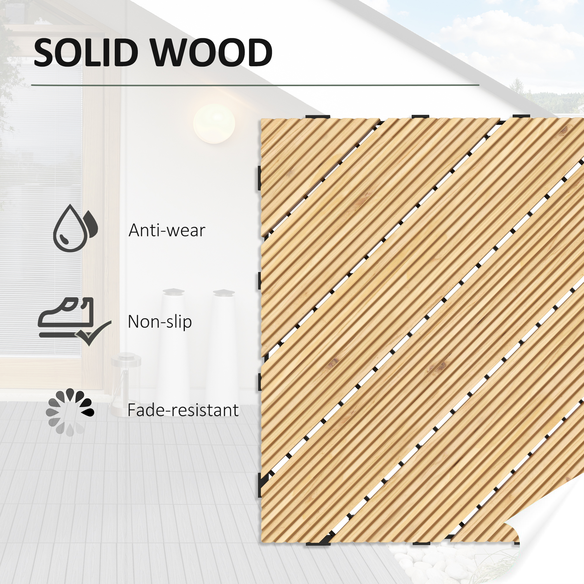 Outsunny 9 Pcs Garden Decking Tiles Wooden Outdoor Flooring Tiles for Patio, Balcony, Terrace, Hot Tub, Yellow 4