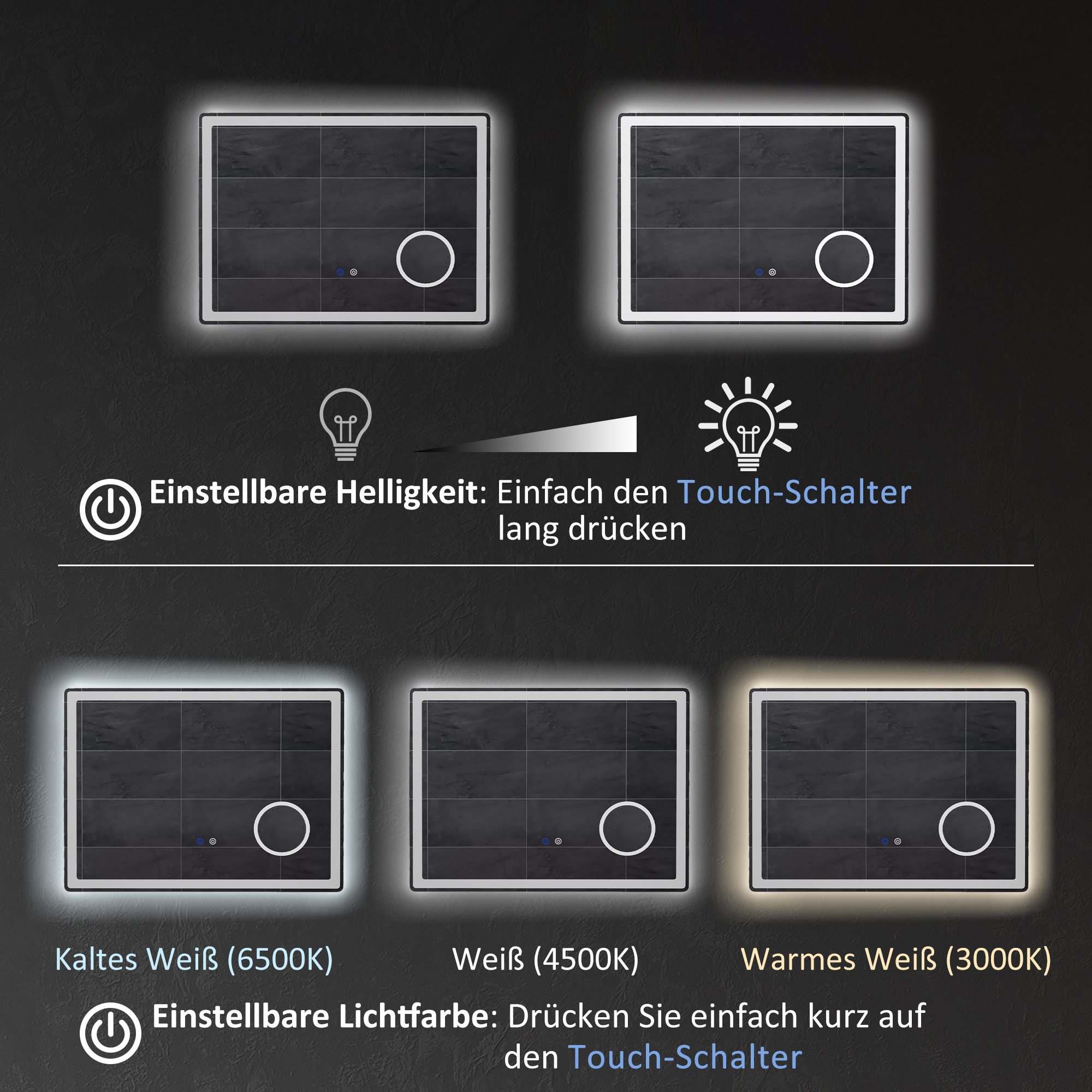 LED-vannitoa peegel 3x suurendusega, puutetundliku funktsiooniga, mälufunktsiooniga, uduvastane, 80 x 60 cm