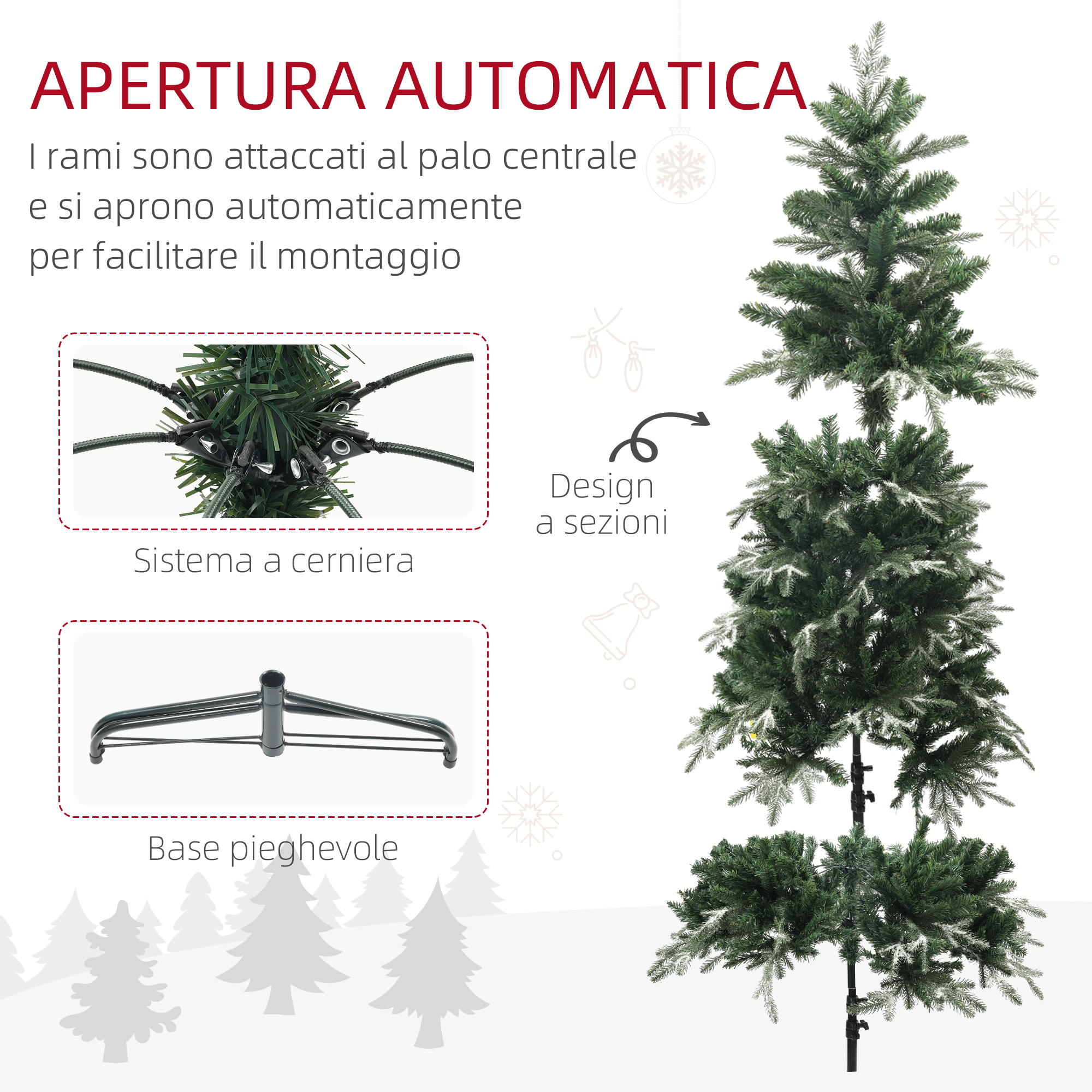HOMCOM Albero di Natale Artificiale 120cm con 130 Rami, Albero di Natale con Luci a LED e Fibre