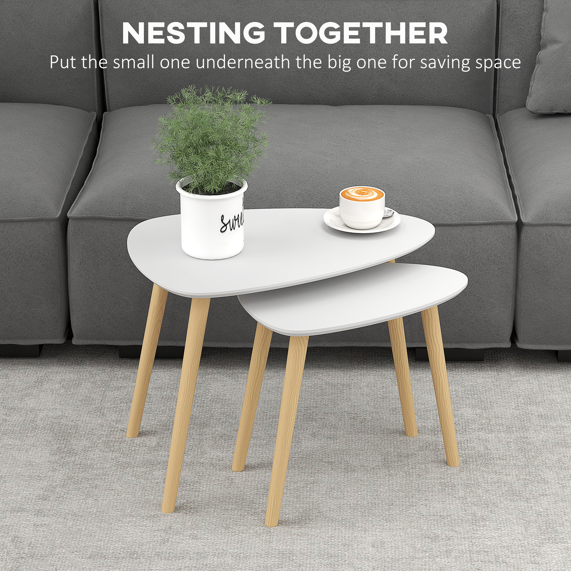 HOMCOM Nesting Coffee Table, Set of 2 Side Tables, Stacking End Tables with Solid Wood Legs, for Living Room Bedroom, Light Grey 4