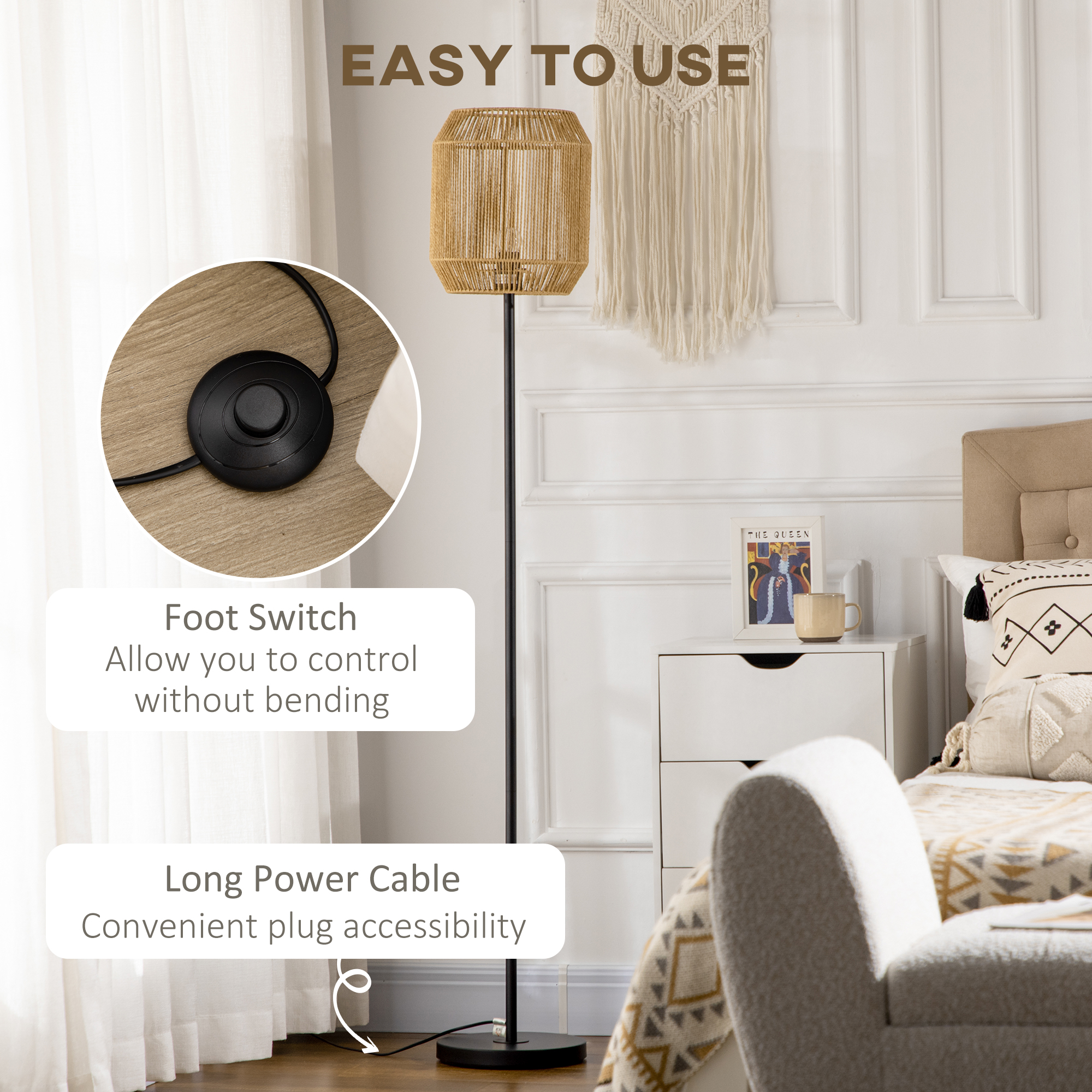 HOMCOM Farmhouse Standing Lamp, Floor Lamps with Hand Woven Rattan Lampshade for Living Room 5