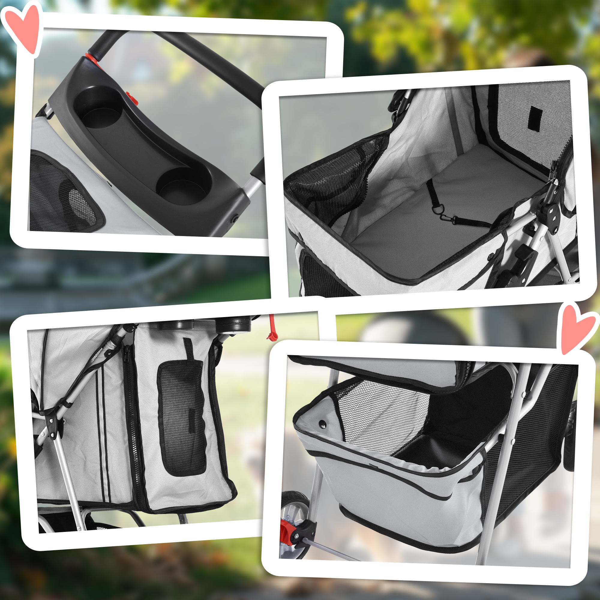 PawHut Pet Stroller for Small Miniature Dogs Cats Foldable Travel Carriage with Wheels Zipper Entry Cup Holder Storage Basket Grey 8