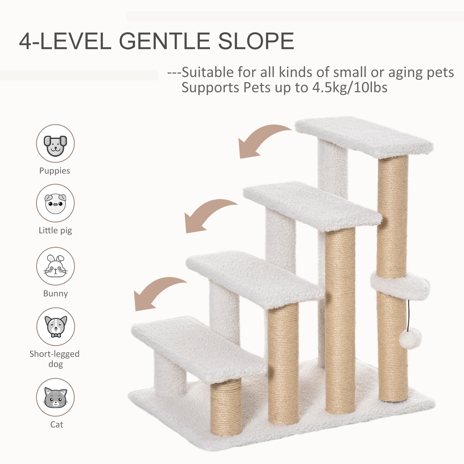 PawHut Pet Stair with 4-step Climb Ladder, Scratching Posts, Platforms, Toy Ball, for Indoor Elderly Cats Kittens, White 4