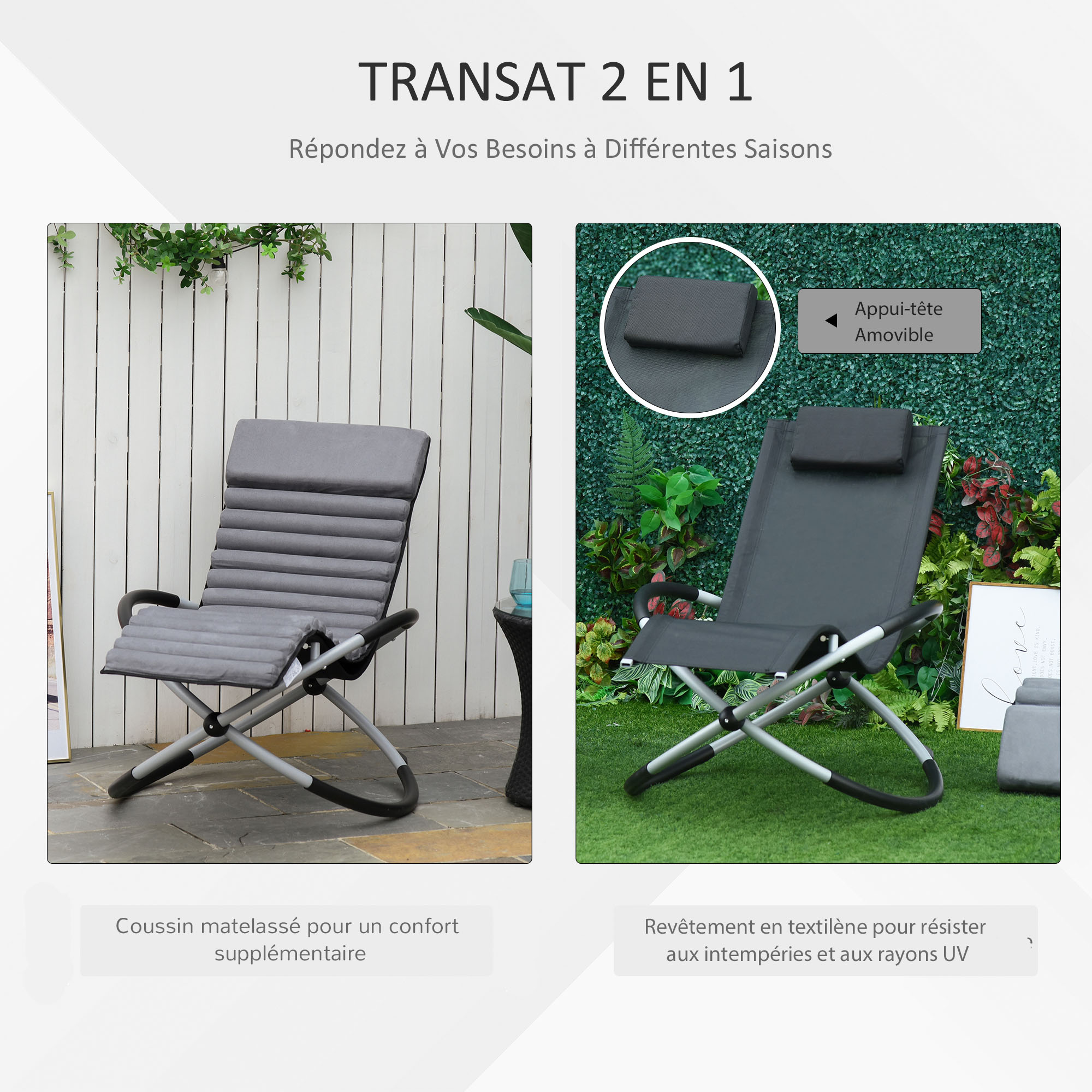Outsunny Chaise Longue Bascule Pliable - Design Contemporain - Textilène Gris Noir - Pour Jardin Ou Intérieur