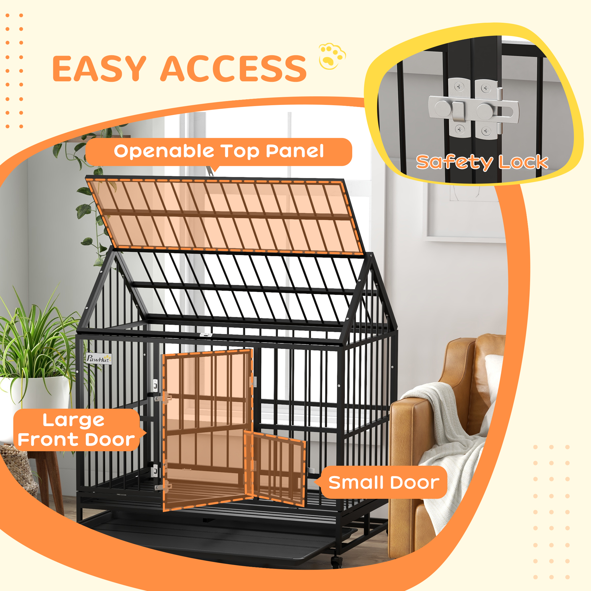 PawHut 48" Heavy Duty Dog Crate on Wheels, with Removable Tray, Openable Top, for L, XL Dogs Black 6