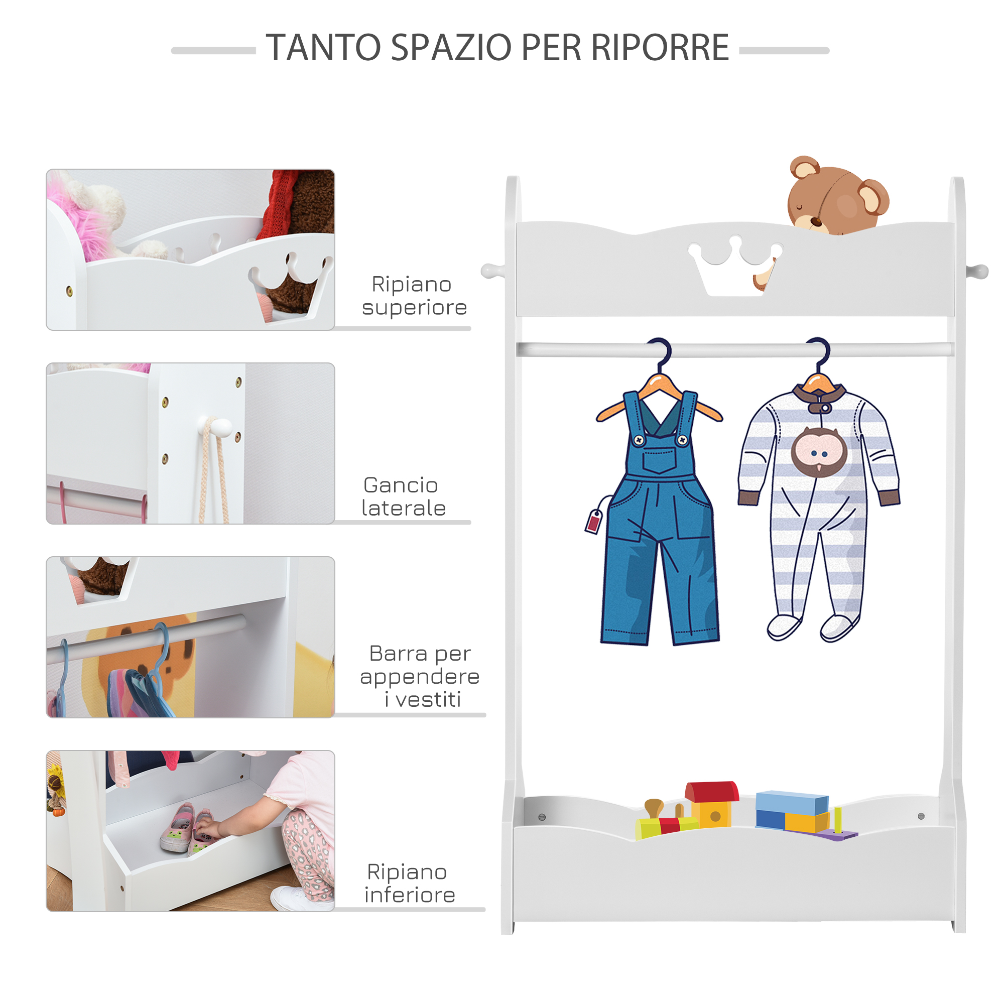 edihome, Stand Appendiabiti, Doppio, 110 x 150 x 54 cm, Vestitore, Appendiabiti da Terra, Resistente, Metallico, con Supporto per Scarpe (Bianco Doppio