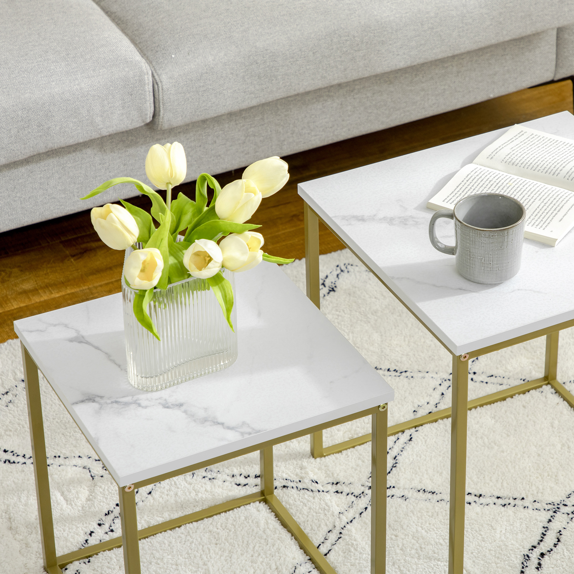 SogesHome Lot De 2 Tables Basses Gigognes Blanc Et Or - Tables D'Appoint Salon Métal