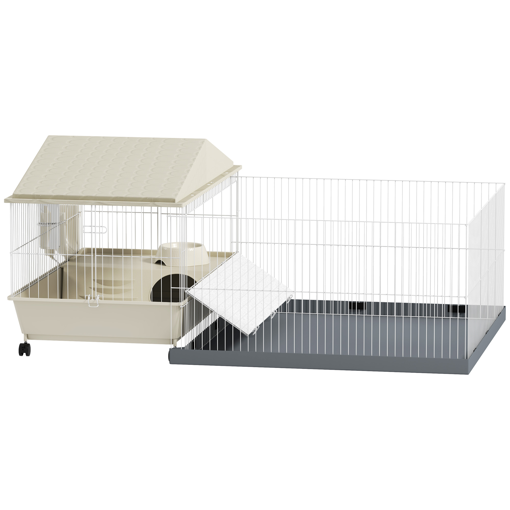 PawHut 4-Level Rolling Small Animal Cage, Rabbit Cage with 3 Ramps, Water Bottle, Food Dish, 15cm Deep Tray, Beige