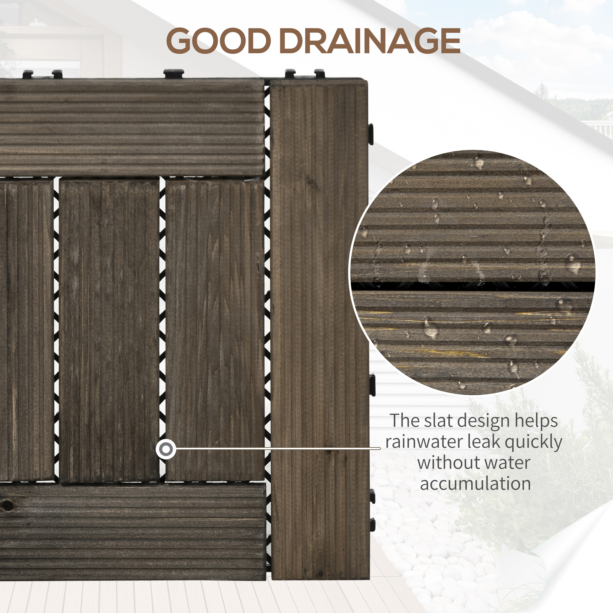 Outsunny 27 Pcs Wooden Interlocking Decking Tiles, 30 x 30 cm Outdoor Flooring Tiles, 2.5㎡ per Pack, for Patio, Balcony, Terrace, Hot Tub, Charcoal Grey 5