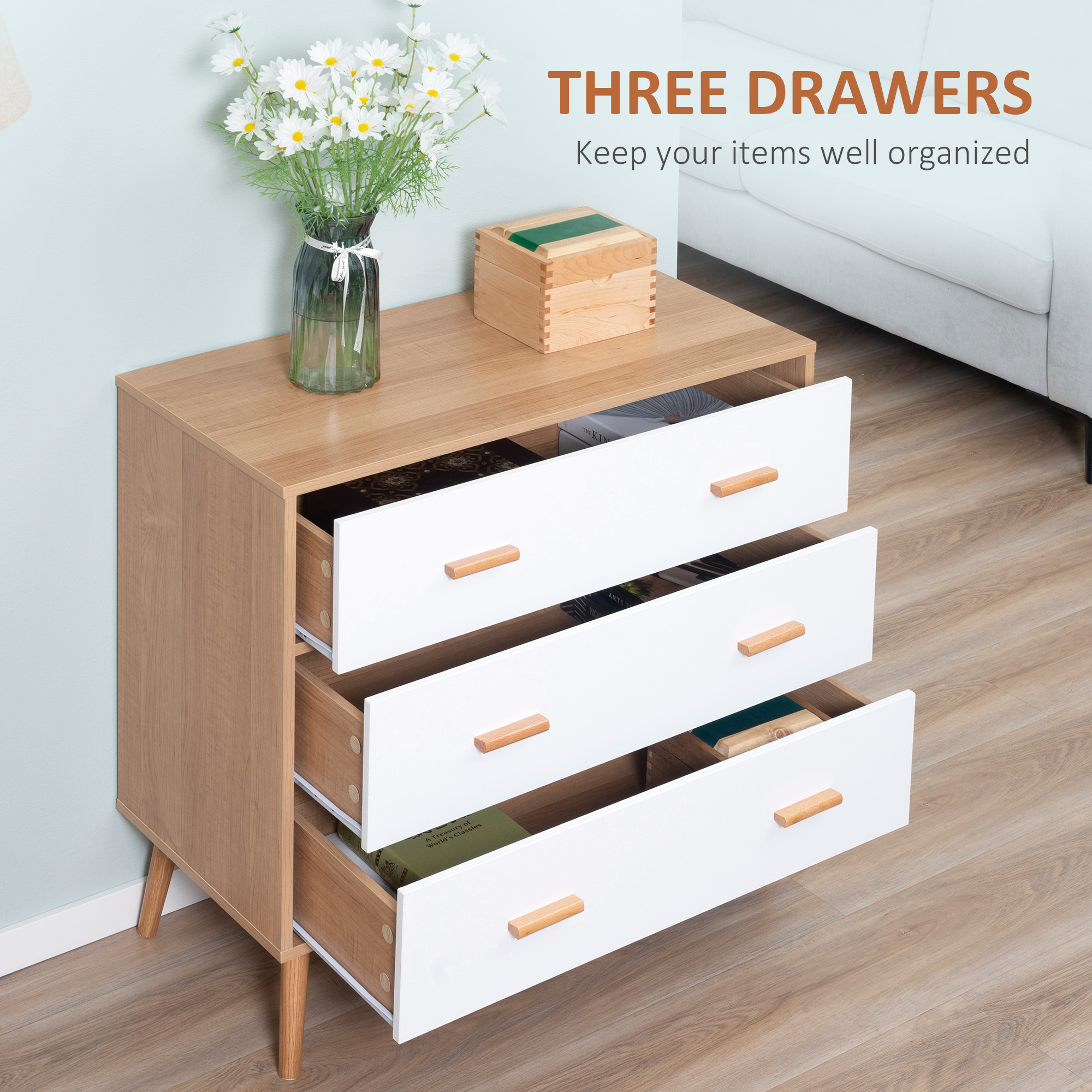 HOMCOM Chest of Drawers with 3 Drawers, Bedroom Cabinet, Storage Organizer for Living Room, White and Natural 4