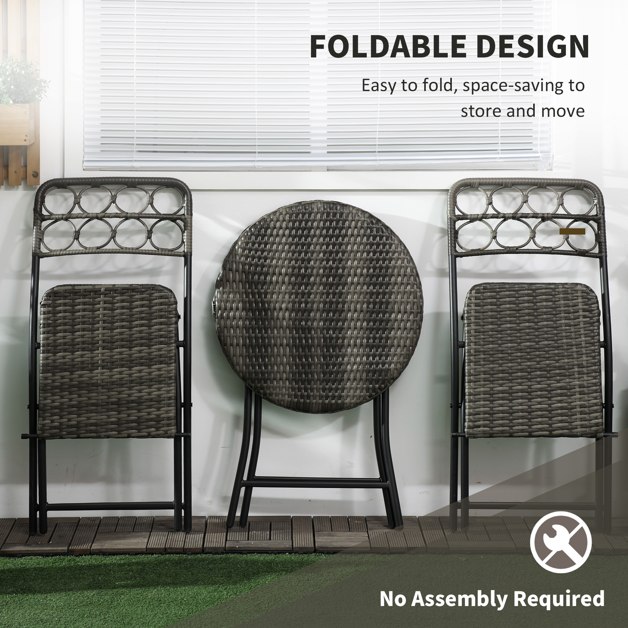 Outsunny 3 Pieces Rattan Bistro Set, Wicker Folding Garden Furniture Set with Coffee Table and Chairs for Outdoor, Patio, Balcony, Grey 4