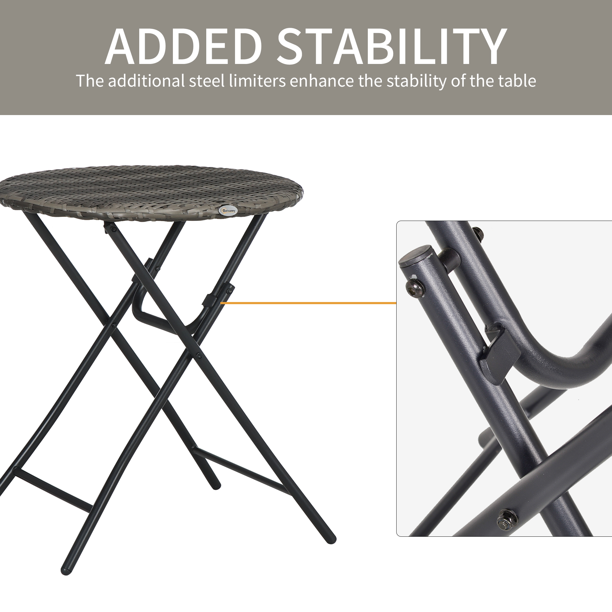Outsunny 3 Pieces Rattan Bistro Set, Wicker Folding Garden Furniture Set with Coffee Table and Chairs for Outdoor, Patio, Balcony, Grey 7