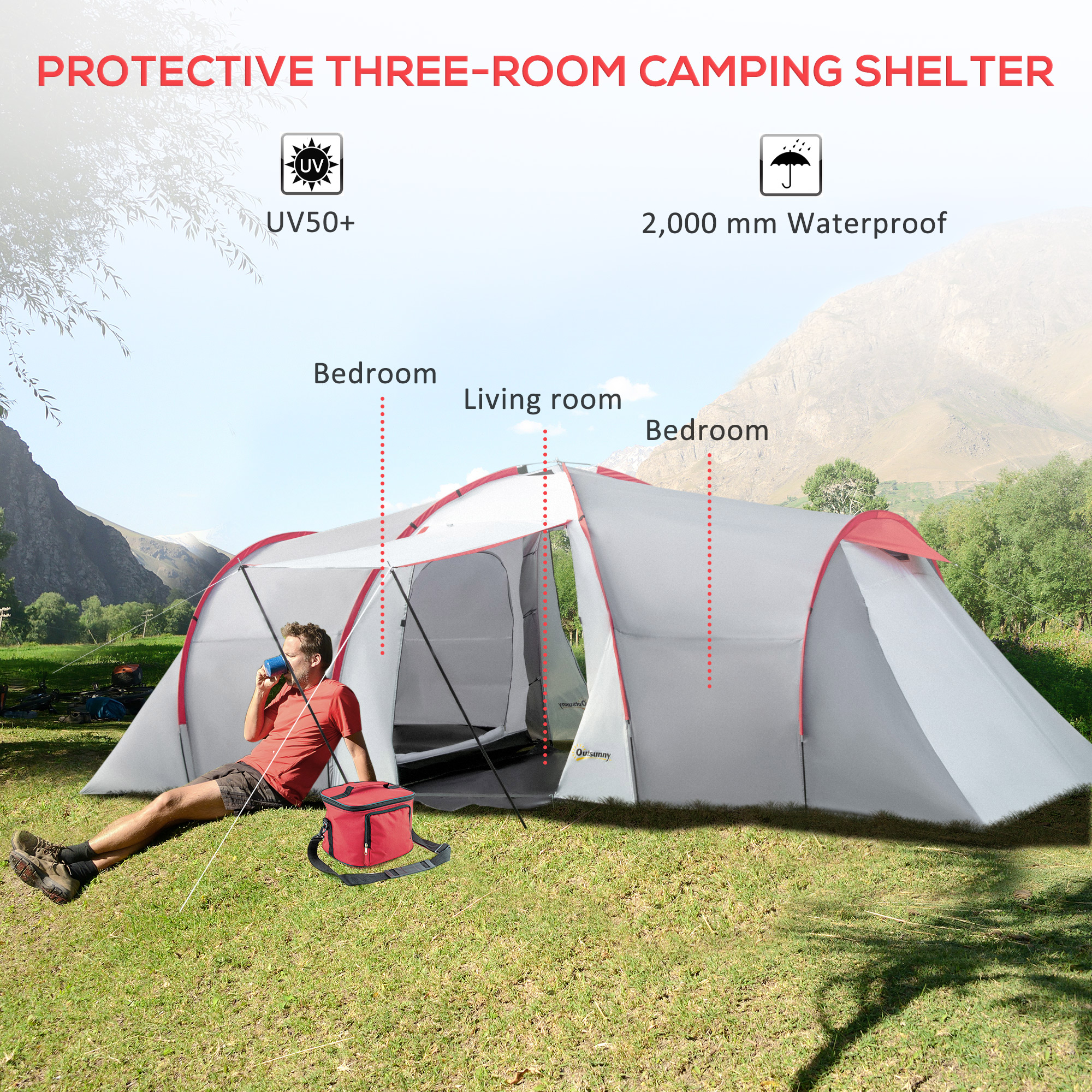 Outsunny Four-Man Tunnel Tent, with Two Bedrooms and Living Room Grey/Red 4