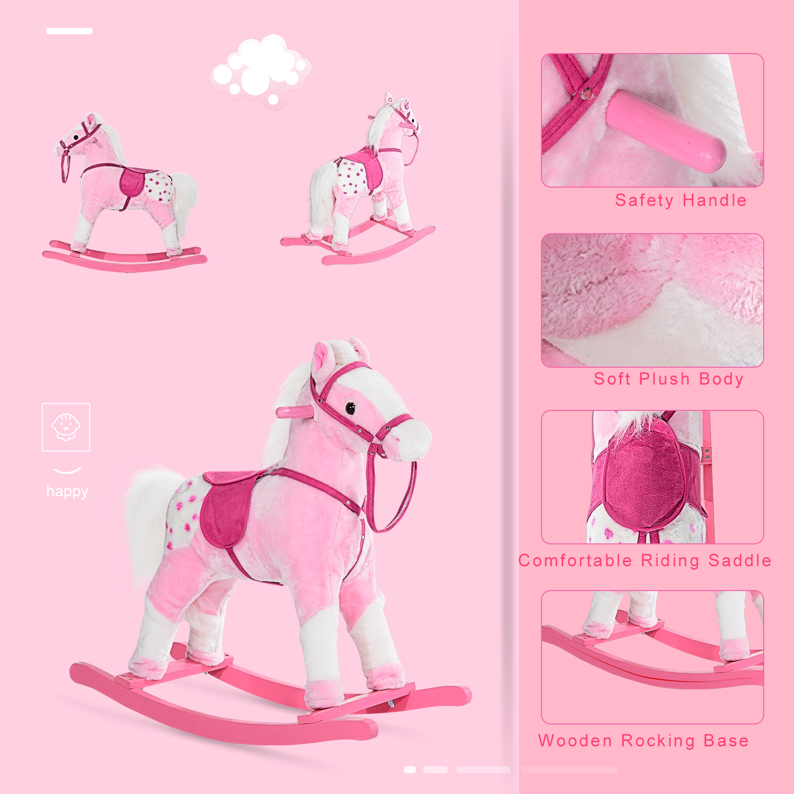 HOMCOM Baby Rocking Horse Plush Ride on Animals Rocker with Sound Handle Grip for Kids 3-6 Years Pink 7
