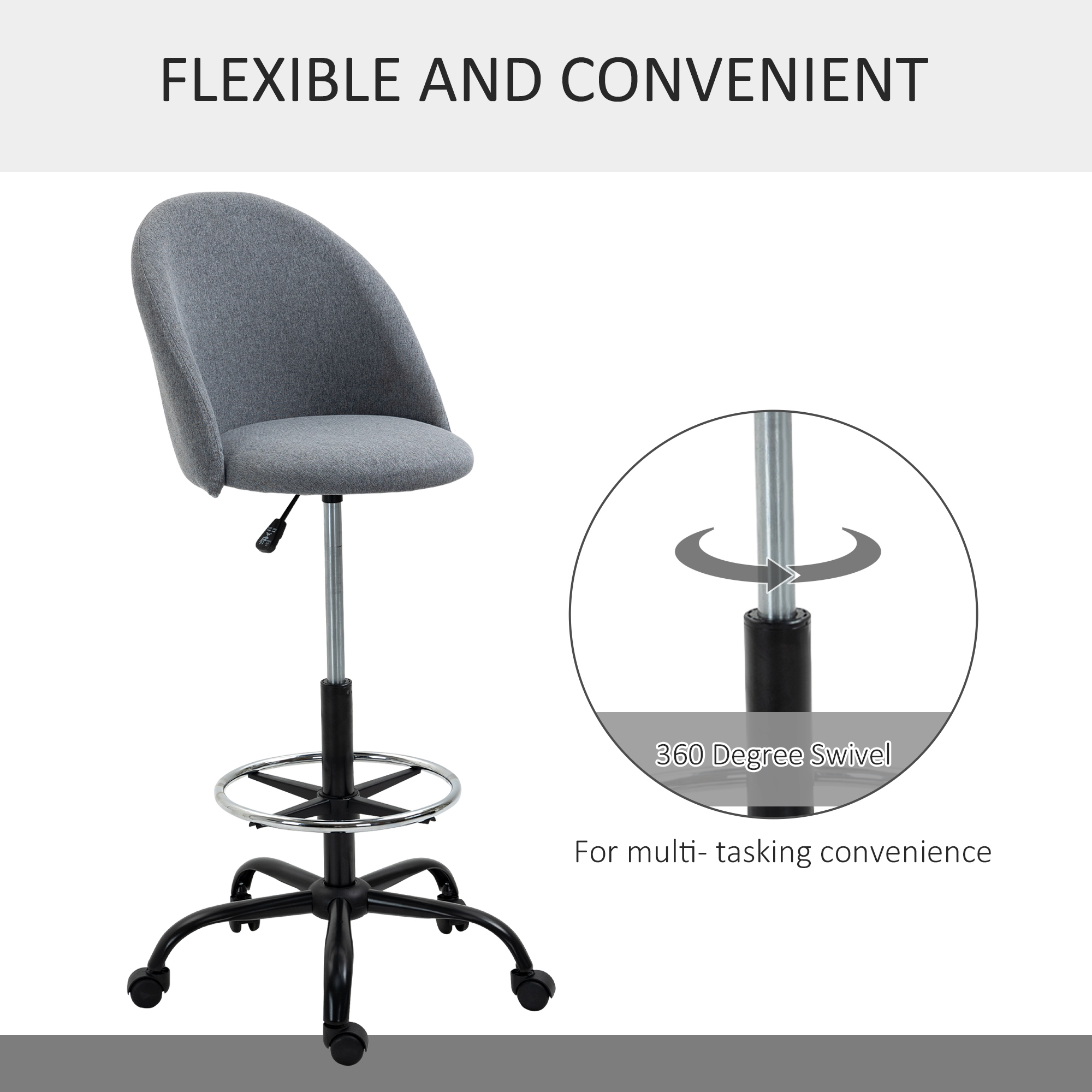 Vinsetto Ergonomic Drafting chair Adjustable Height w/ 5 Wheels Padded Seat Footrest 360° Swivel Freely Comfortable Versatile Use For Home Office Grey 5