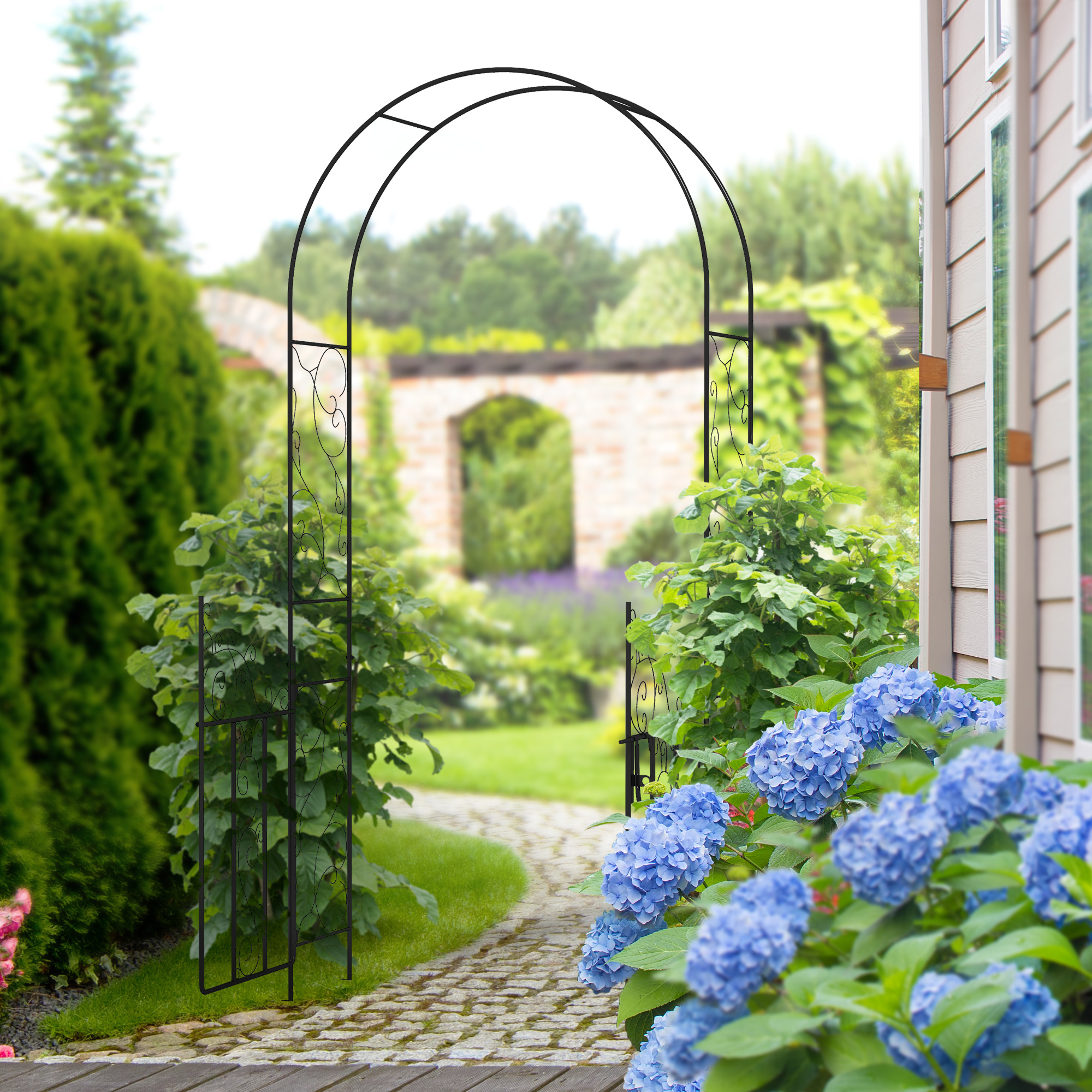 Outsunny Outdoor Garden Arch with Double Gates, Metal Garden Arbor for Climbing Plants, Roses, Vines, Wedding Arch for Outdoor, 125L x 38W x 227H cm, Black 2