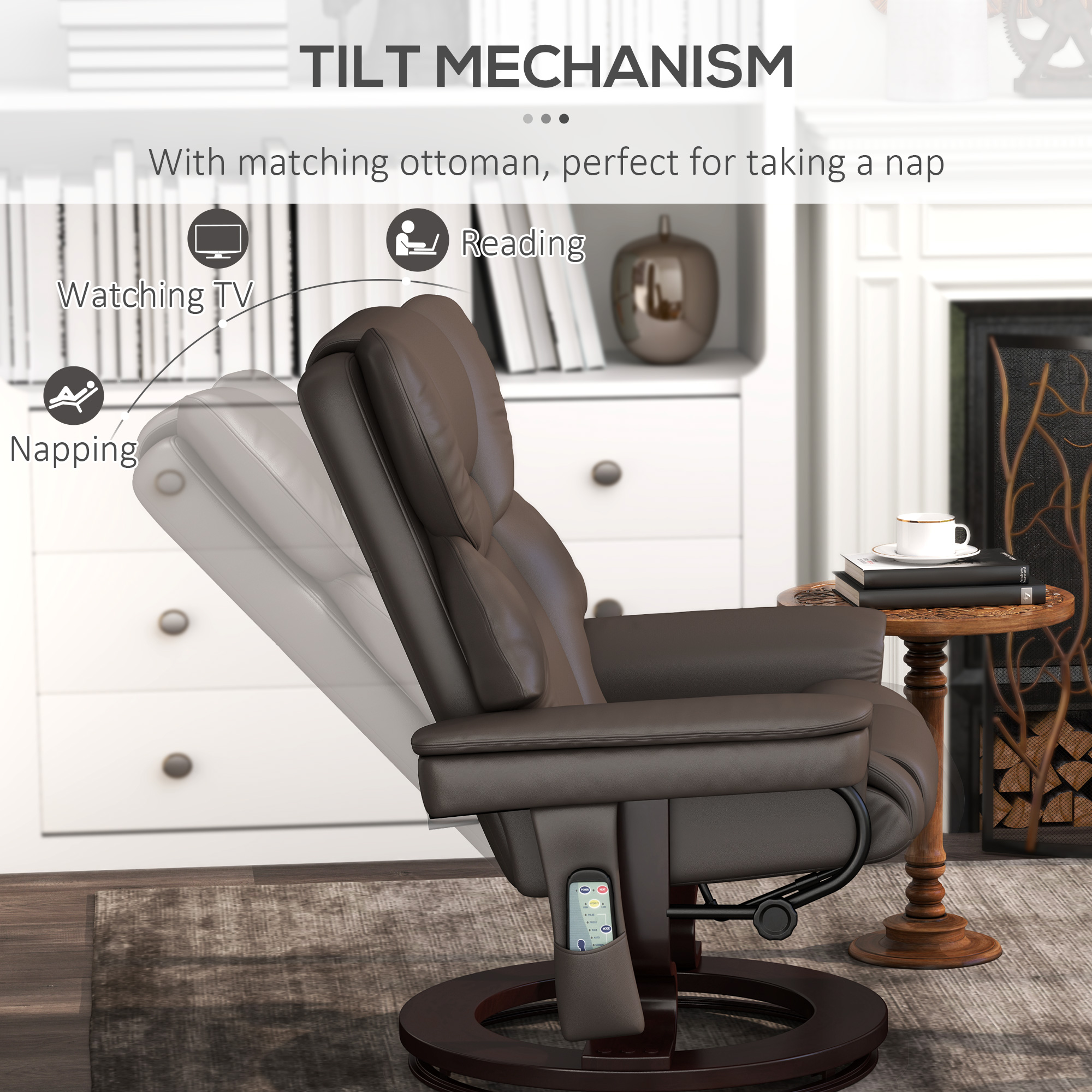 HOMCOM Massage Recliner Chair with Footstool, Upholstered Reclining Armchair with Adjustable Backrest, Steel Frame and Wood Base, Swivel Chair for Living Room, Bedroom, Brown 5