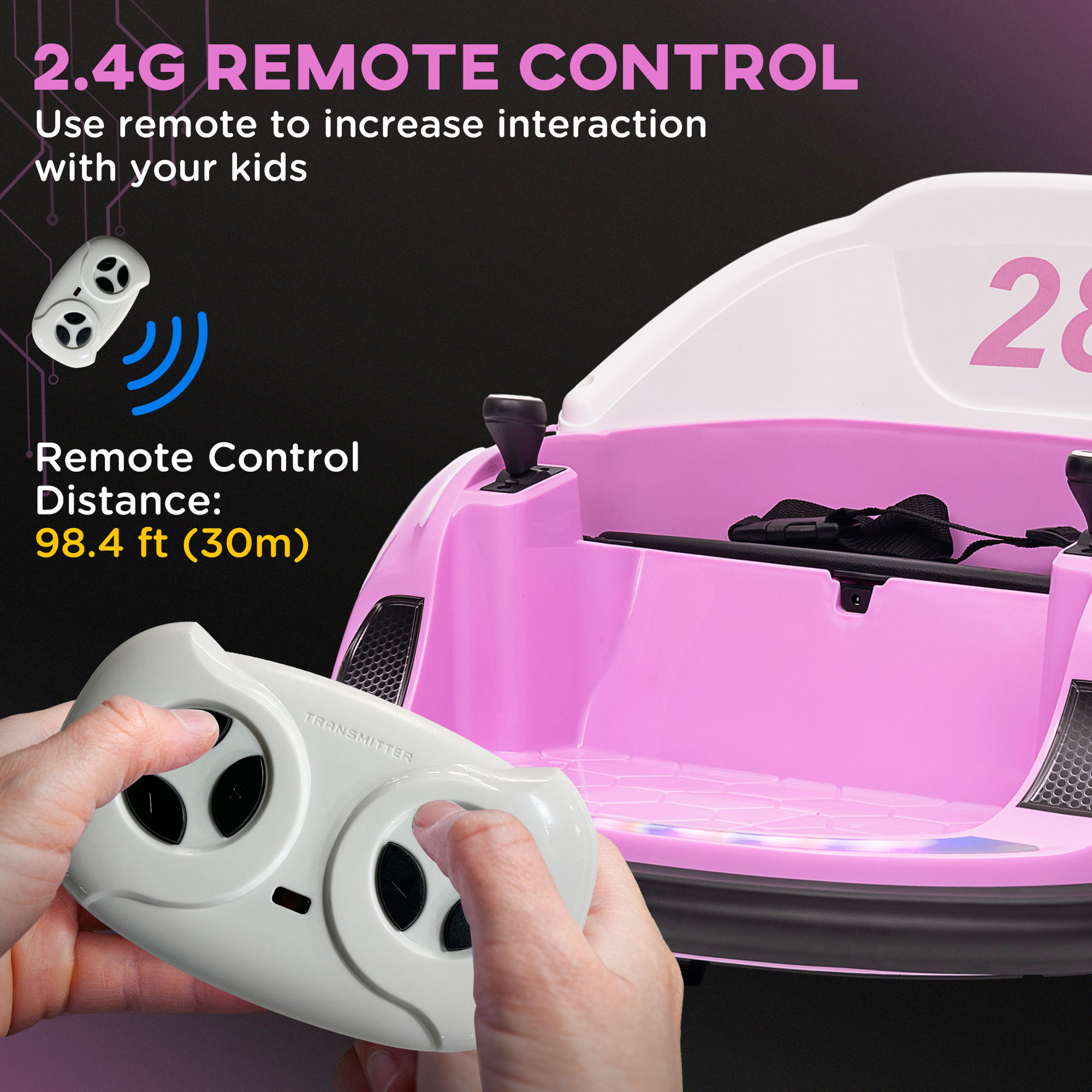 AIYAPLAY 360° Rotation Kids Bumper Car, 12V Waltz Car with Remote Control, Dual Joystick, Music, Lights, Pink 6