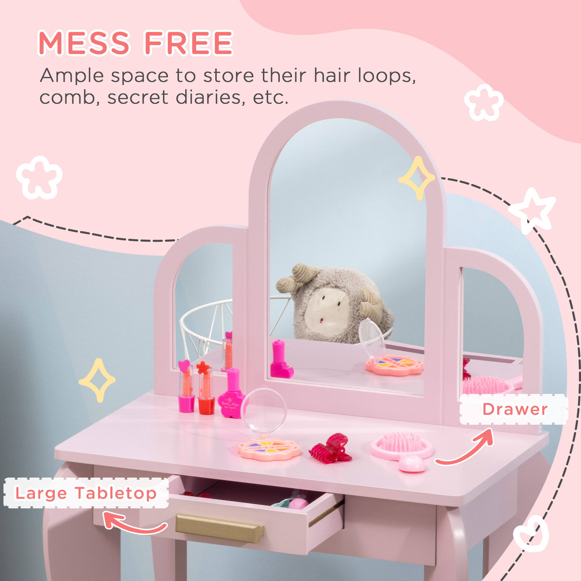 HOMCOM Kids Dressing Table Set, with Mirror and Drawer Pink 5