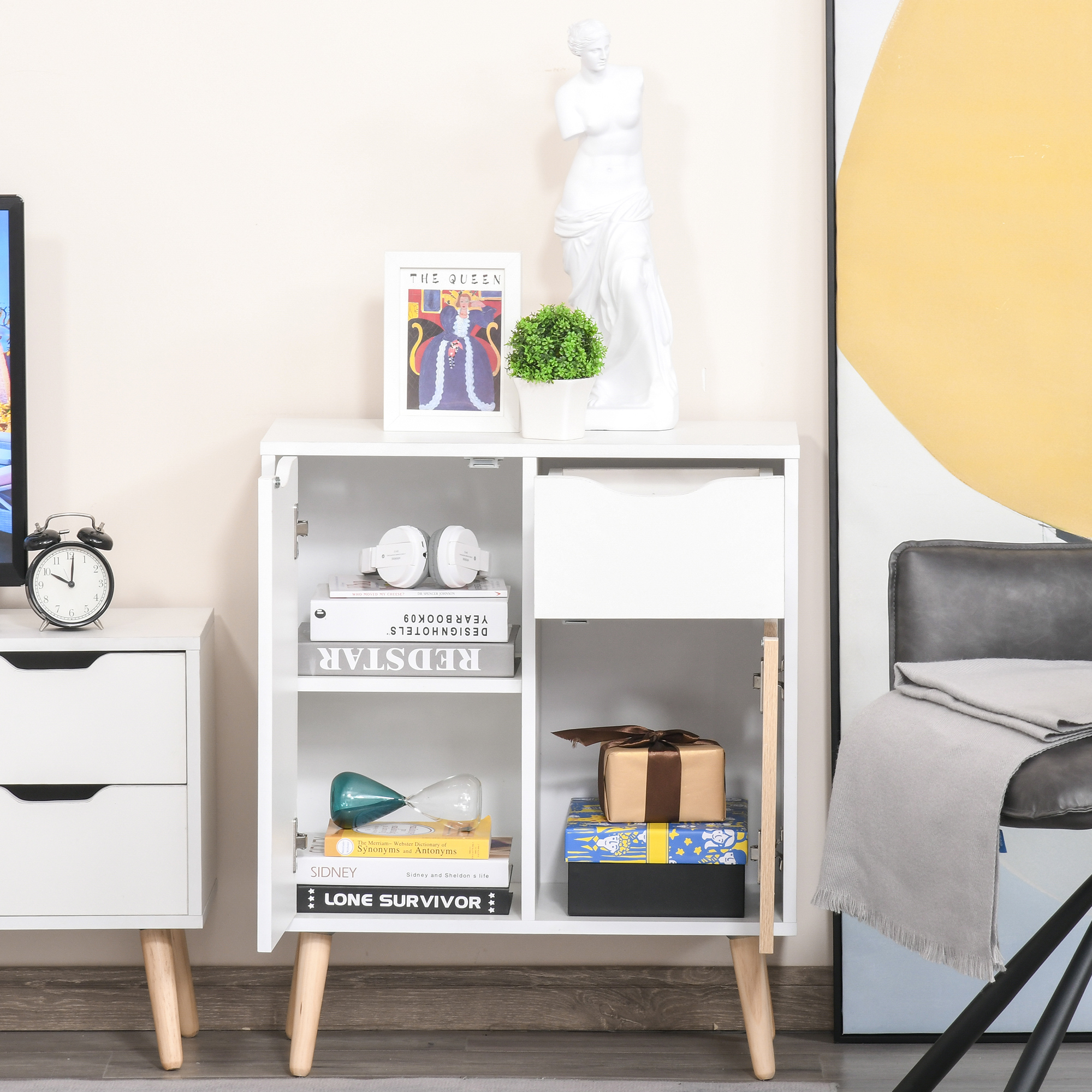 HOMCOM Sideboard Floor Cabinet Storage Cupboard with Drawer and Solid Wood Legs for Bedroom, Living Room, Entryway, Brown 7