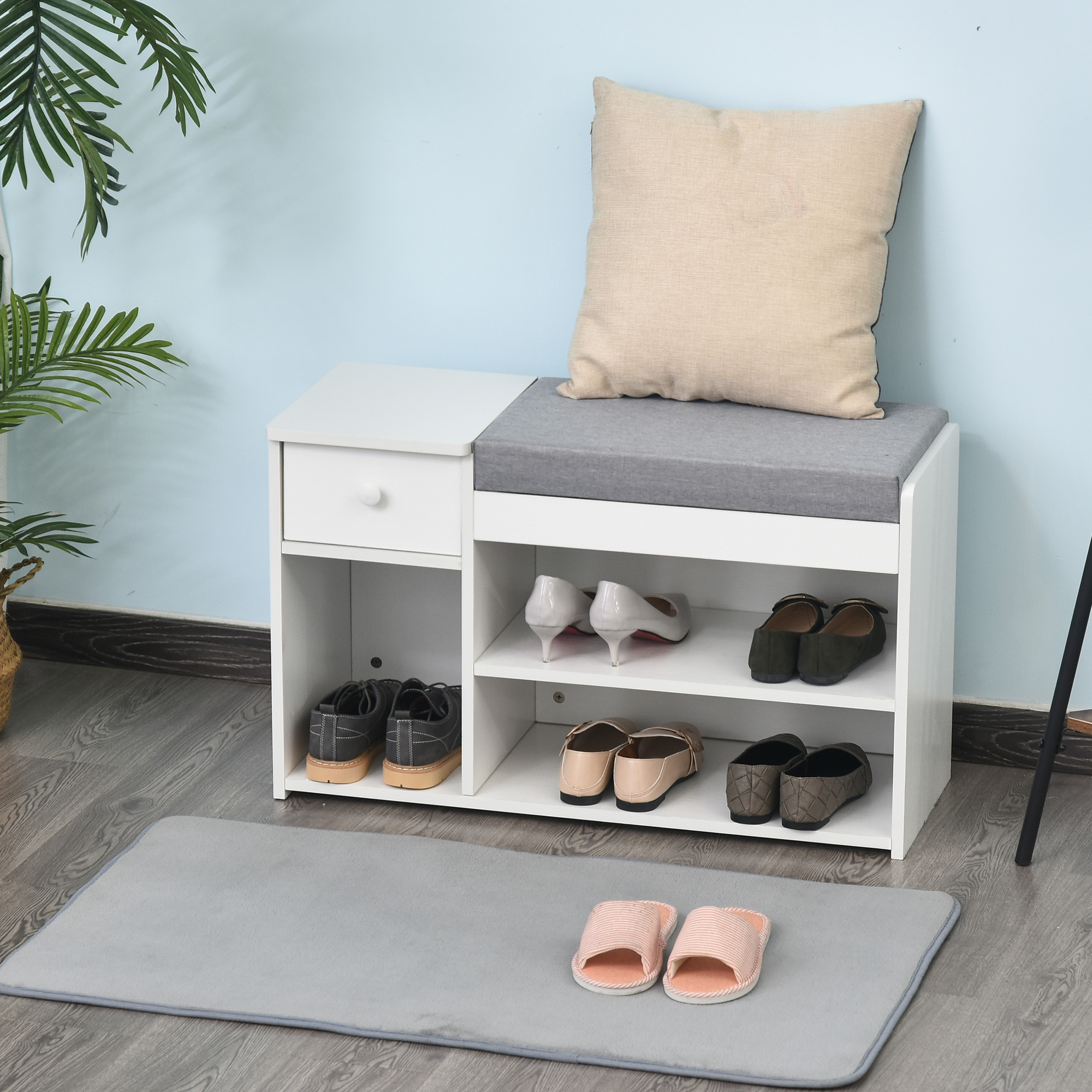 HOMCOM Multi-Storage Shoe Bench w/ Drawer 3 Compartments Cushioned Home Organisation Furniture Tidy Boots Hallway Entryway White 2