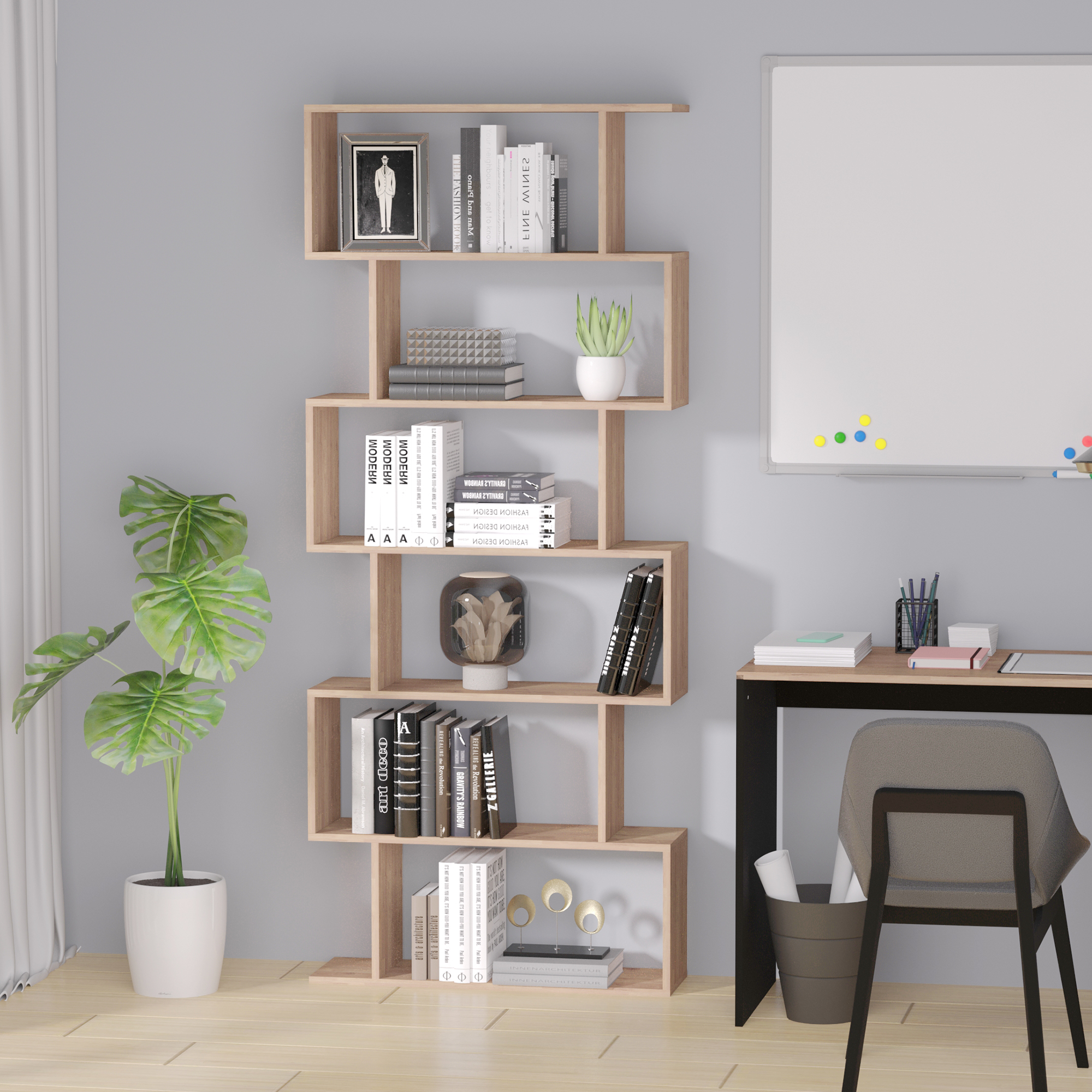 HOMCOM Bookcase, 6 Tier Shelf S Shaped Bookshelf, Storage Unit, Display Shelf for Living Room, Bedroom, Home Office, Plant, Maple 2