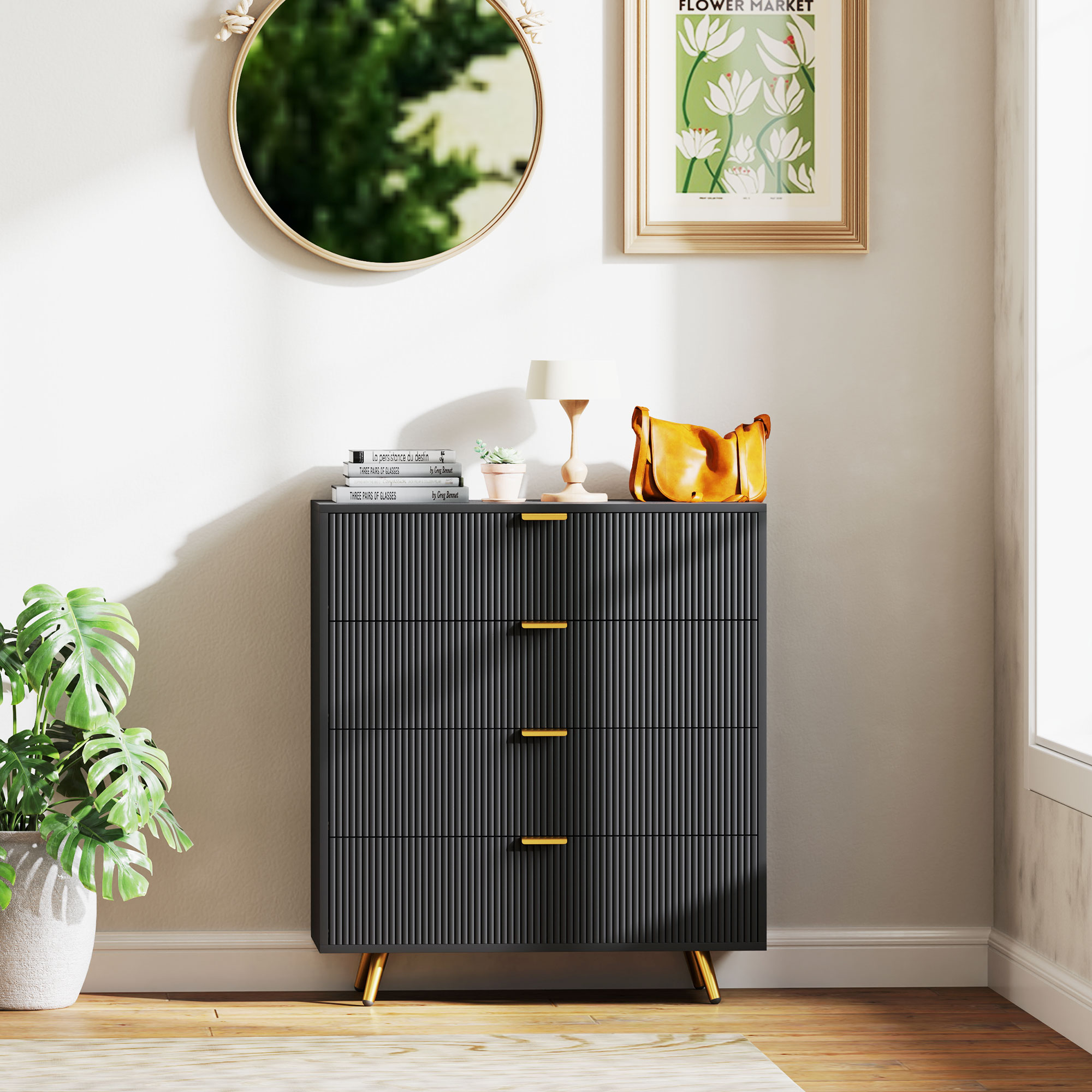 HOMCOM Elegant Four-Drawer Bedside Table Black 7