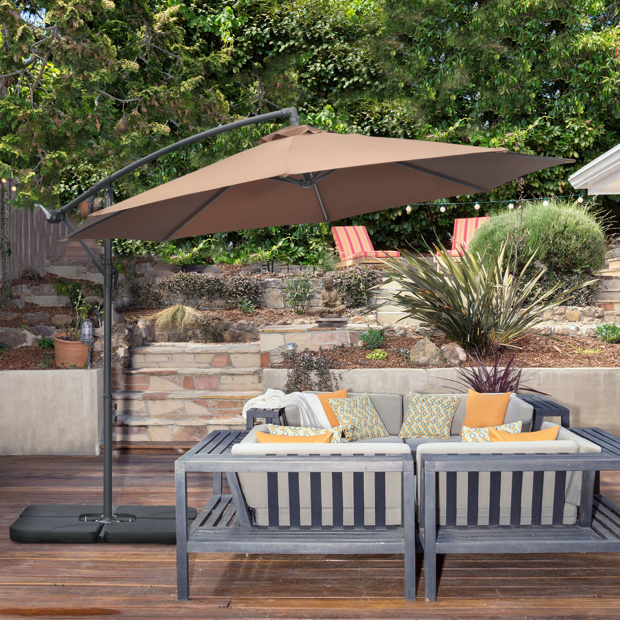 Outsunny 3(m) Garden Banana Parasol Cantilever Umbrella with Crank Handle, Cross Base, Weights and Cover for Outdoor, Hanging Sun Shade, Coffee 2