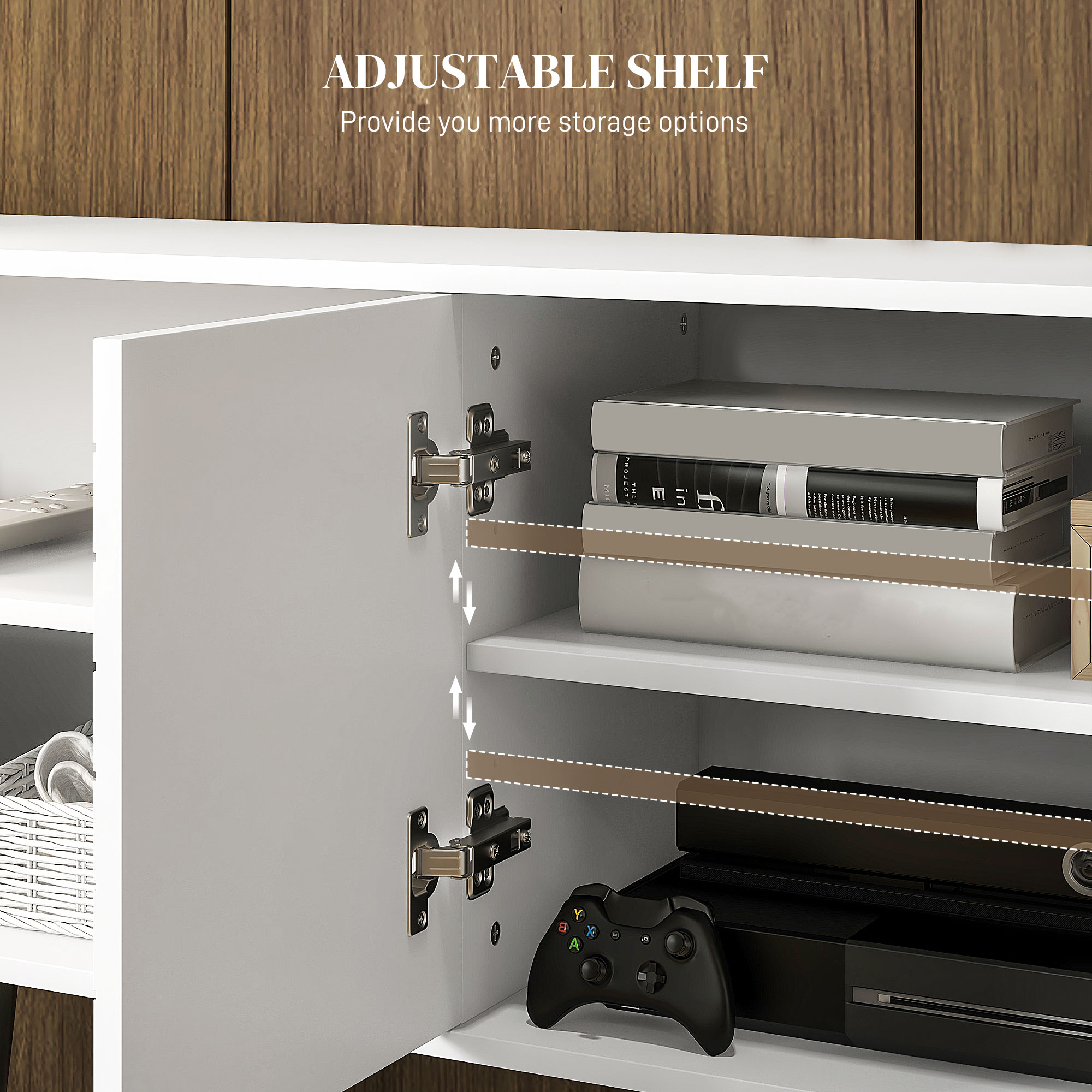 HOMCOM TV Stand with Cupboard, Open Shelves, Striped Doors, Wooden legs, White 5