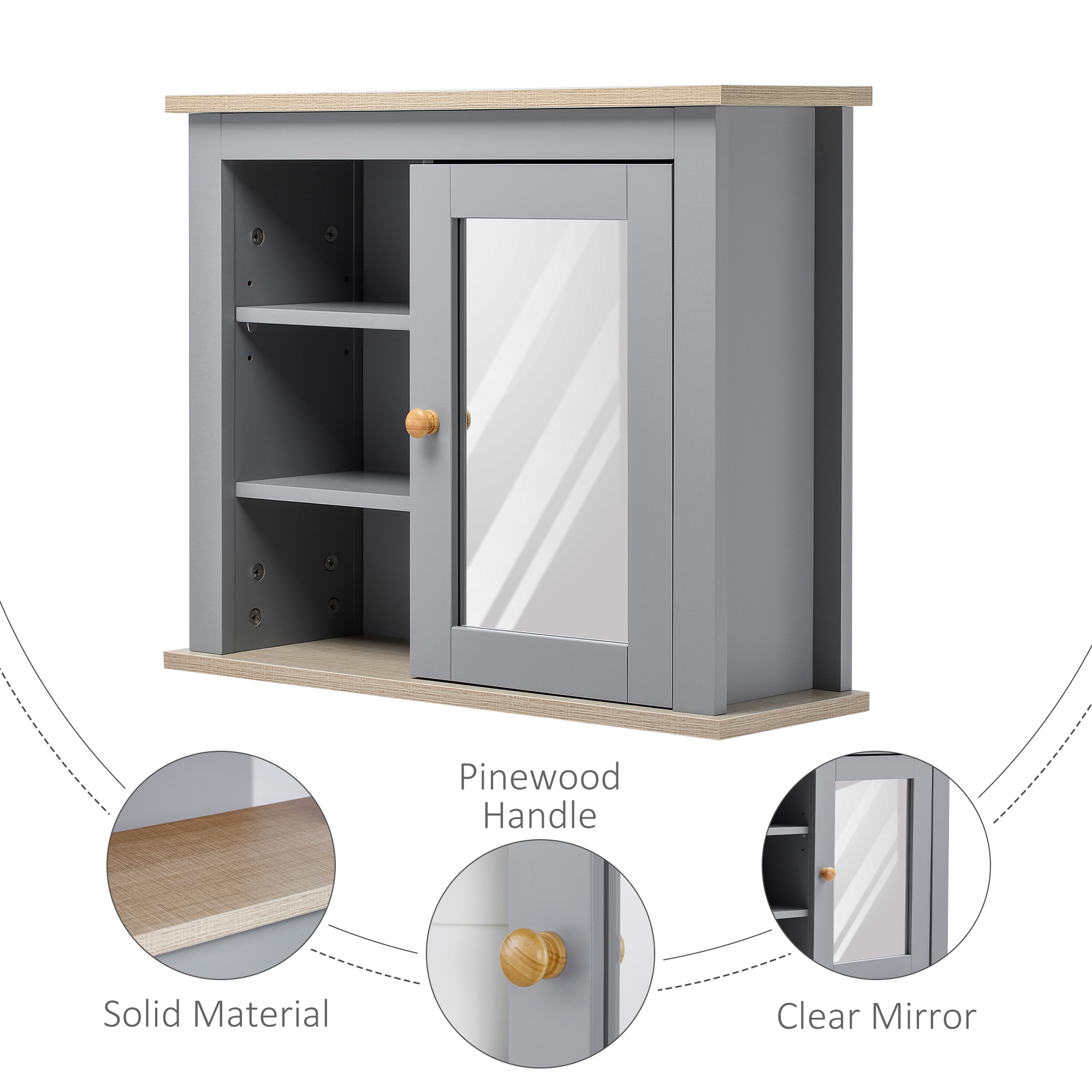 kleankin Bathroom Wall Mirror Cabinet, Cupboard with Door, Storage Cabinet with Adjustable Shelf for Corridors Living Rooms, Grey 7