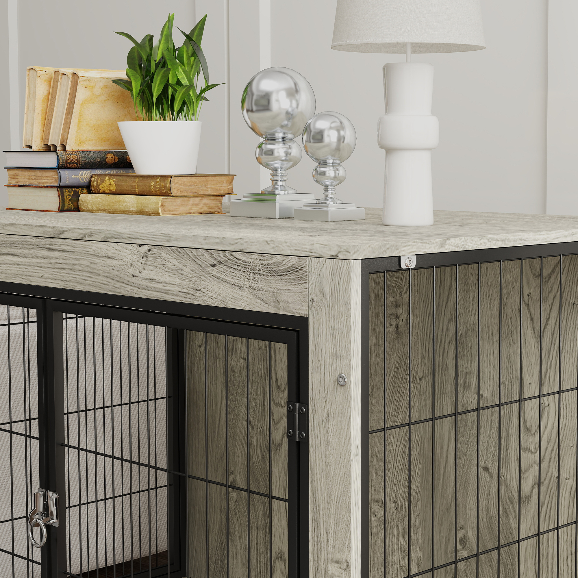 PawHut Dog Crate Furniture with Wheels, Double Doors, for Large Dogs, Grey 9